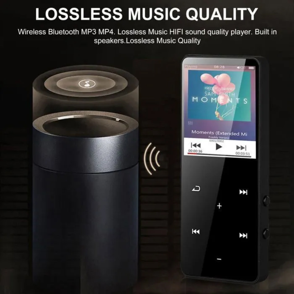 Schwarzer tragbarer Lautsprecher und MP3-Player mit Albumcover und Songtitel.