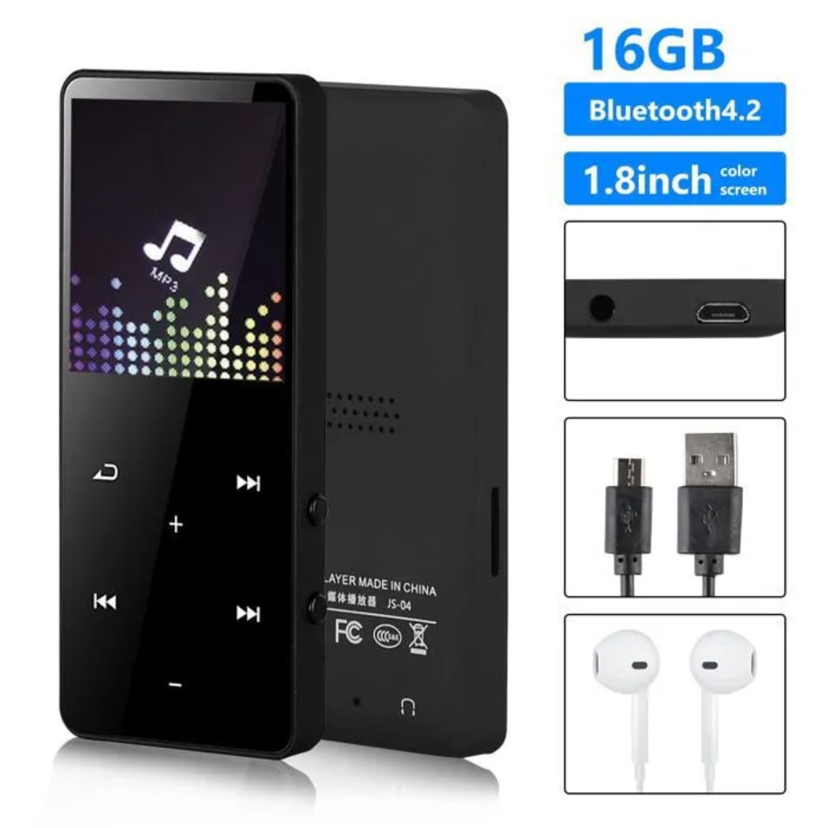 Schwarzer MP3-Player mit Farbdisplay, Tasten und Zubehör: Kabel und Kopfhörer.