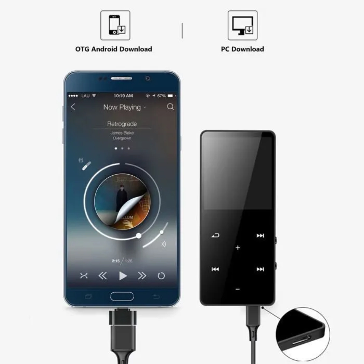 Ein Smartphone wird mit einem schwarzen MP3-Player verbunden.