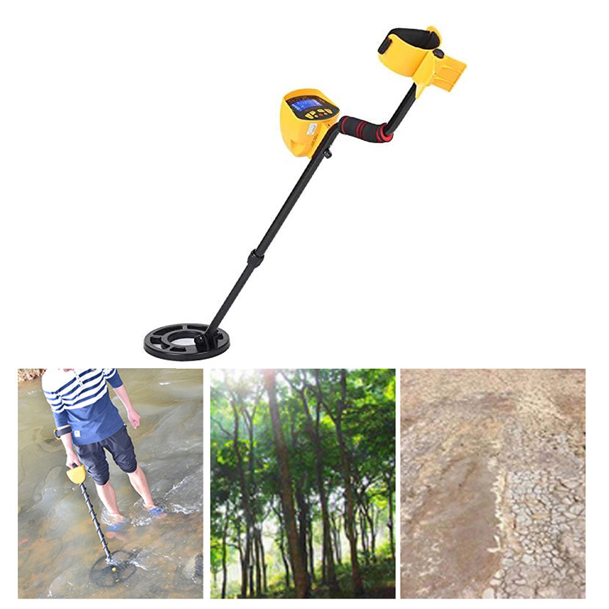 Ein Mann mit Metalldetektor im Wasser; Wald; Boden mit Steinen.