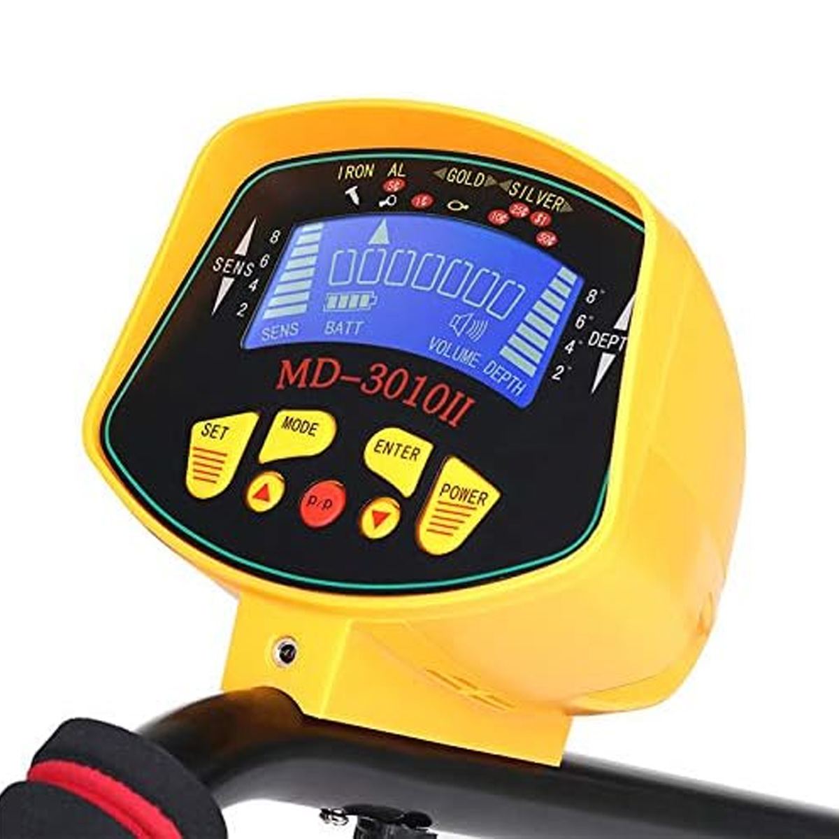 Gelbes Metalldetektor-Bedienfeld mit blauem LCD-Bildschirm und Tasten.