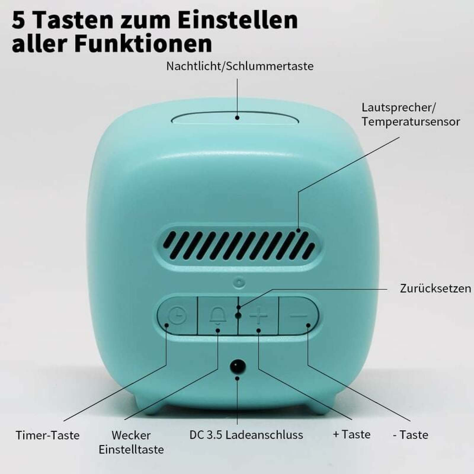 Türkiser Wecker mit Tasten: Timer, Wecker, Lautstärke, Nachtlicht.