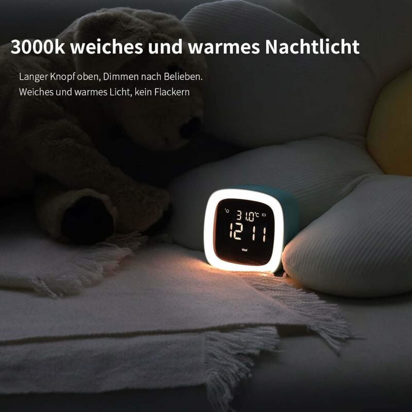 Ein Nachttischlicht mit Digitalanzeige zeigt 31 Grad und 12:11 Uhr an.