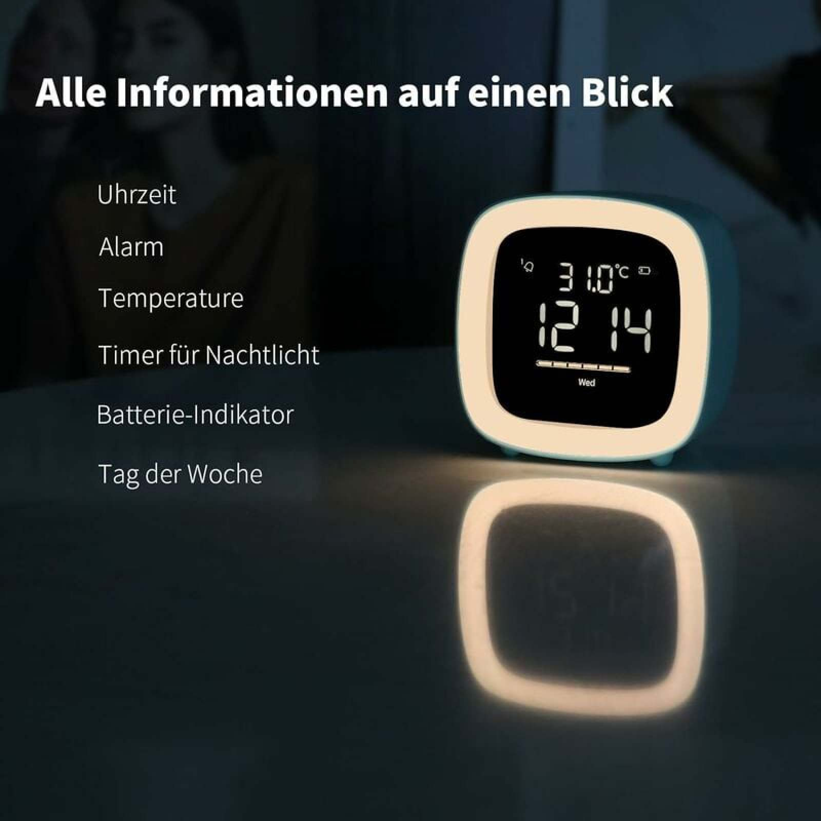 Ein digitaler Wecker zeigt 31°C, 12:14 Uhr und Mittwoch an.
