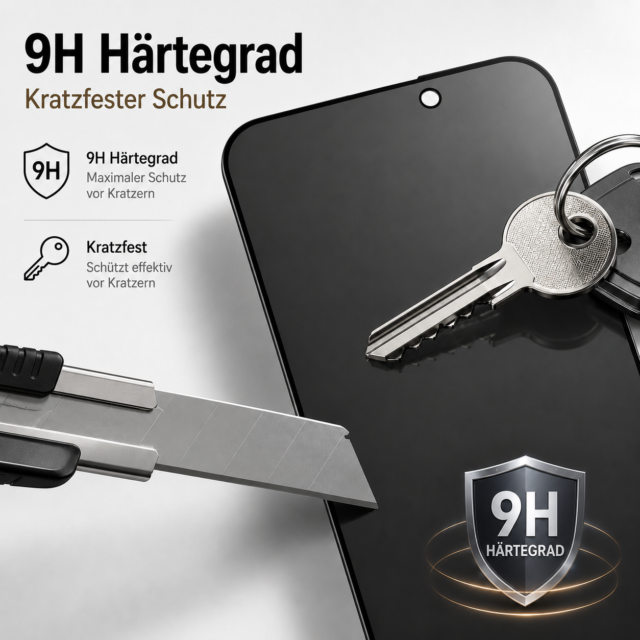 Ein Messer kratzt an einem Smartphone-Display, das von Schlüsseln und einem Schild mit der Aufschrift 9H geschützt wird.
