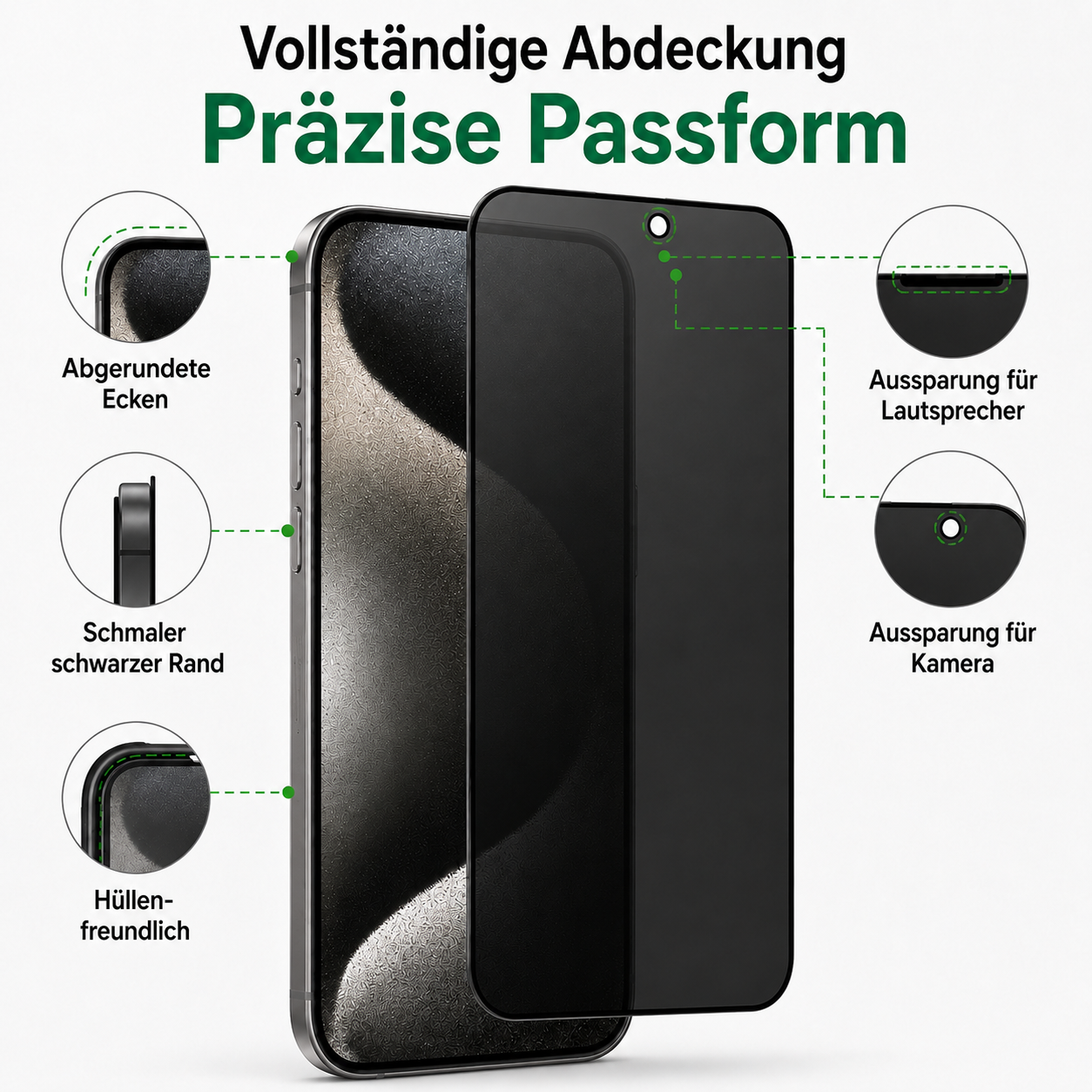 Schwarzer Displayschutz für Handy mit Ausschnitten für Kamera und Lautsprecher.