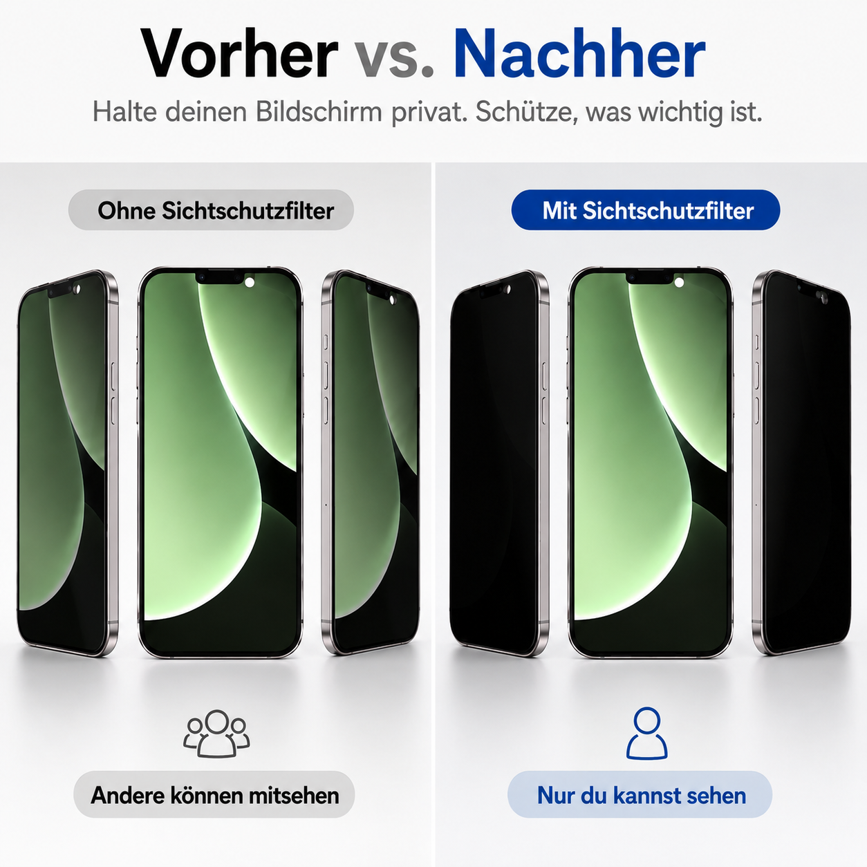 Vergleich zweier iPhones: eins ohne und eins mit Sichtschutzfilter.