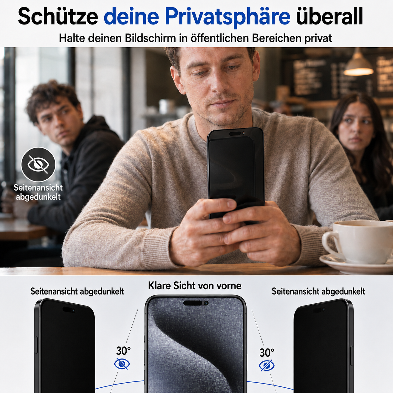 Mann schaut auf Handy, Privatsphäre-Schutz, seitliche Ansichten abgedunkelt.