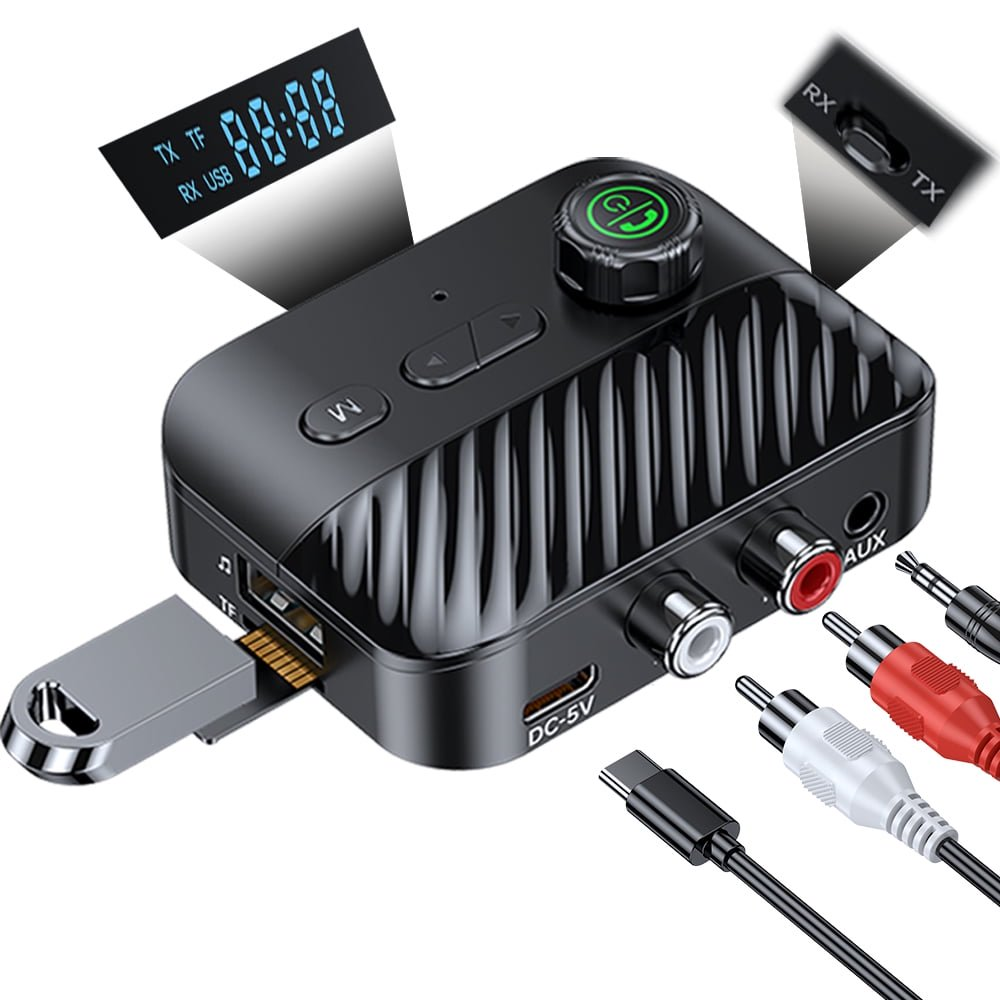 Schwarzer Bluetooth-Sender/-Empfänger mit USB, TF-Kartensteckplatz, Aux-Eingang und RCA/3,5-mm-Ausgängen.