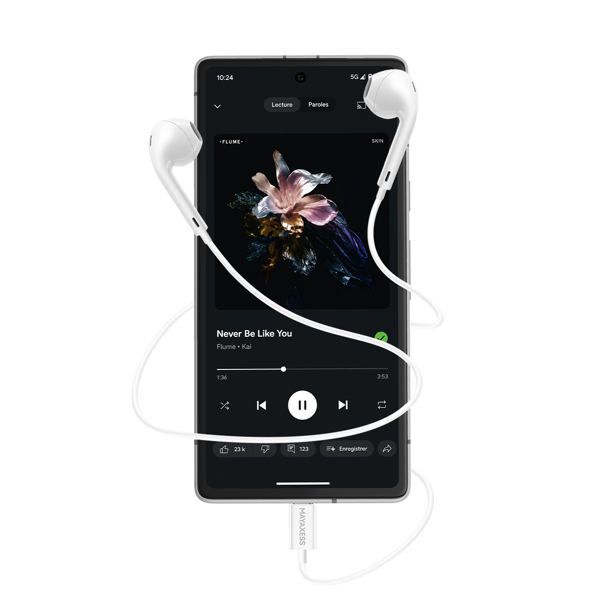 Uno smartphone con auricolari bianchi che riproduce musica.
