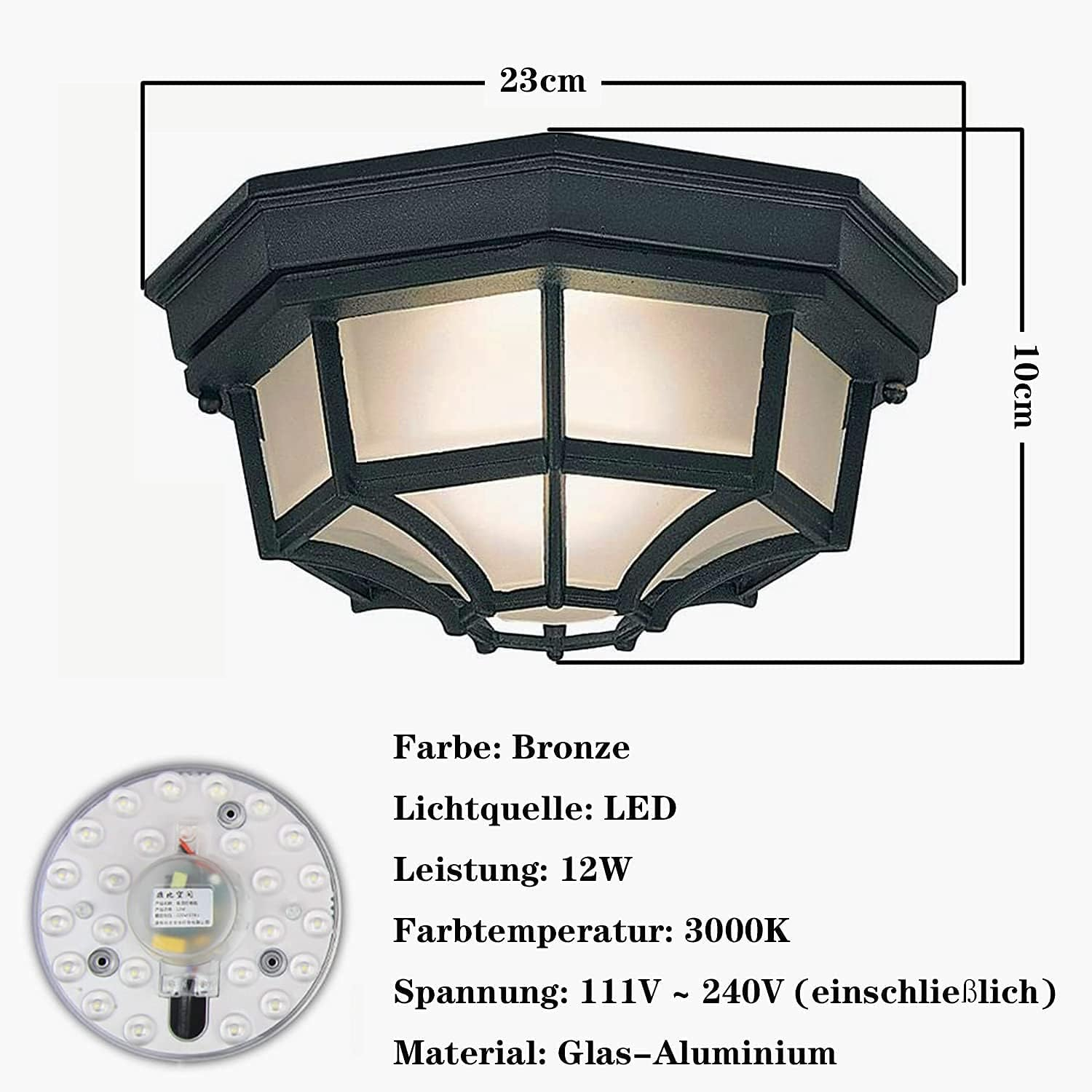 Eine bronzefarbene Deckenleuchte mit Glas und Aluminium, 23x10cm, 12W LED.