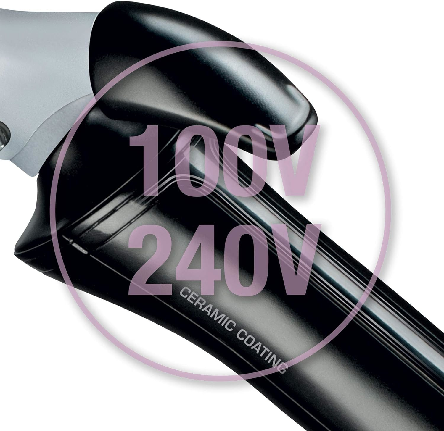 Schwarzer Lockenstab mit 100-240V und Keramikbeschichtung.