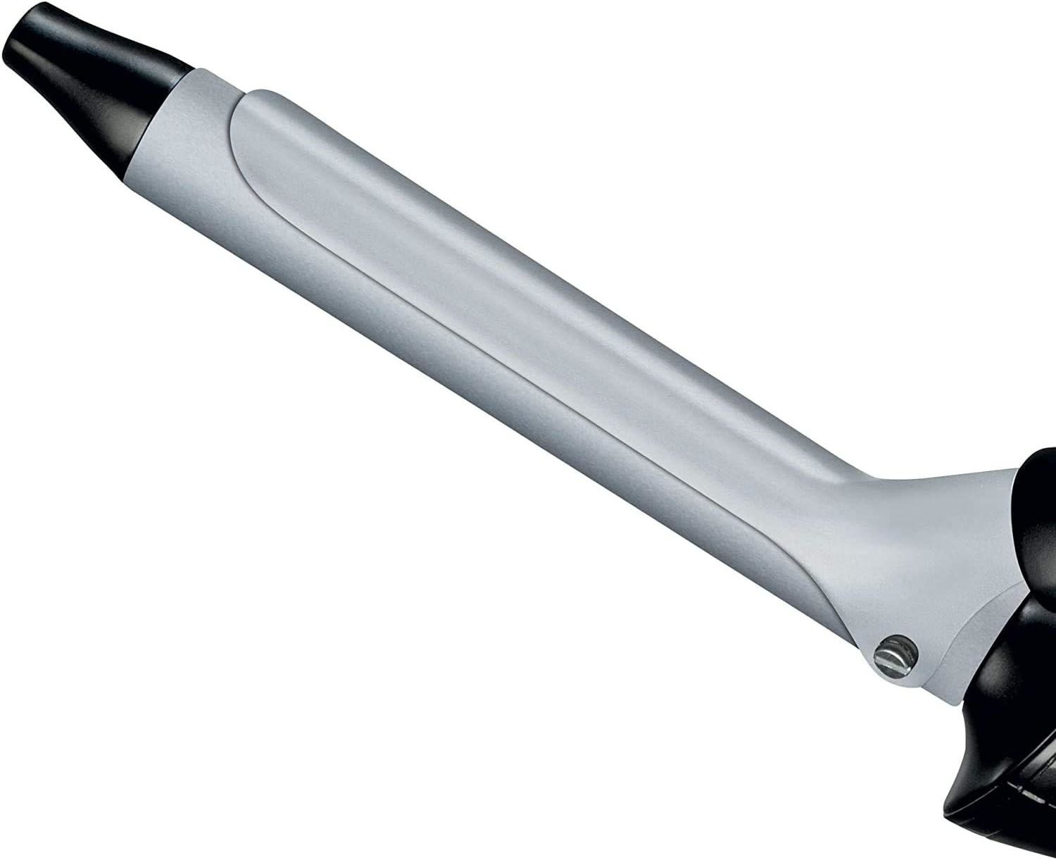 Nahaufnahme eines silbernen Lockenstabs mit schwarzer Spitze und Griff.