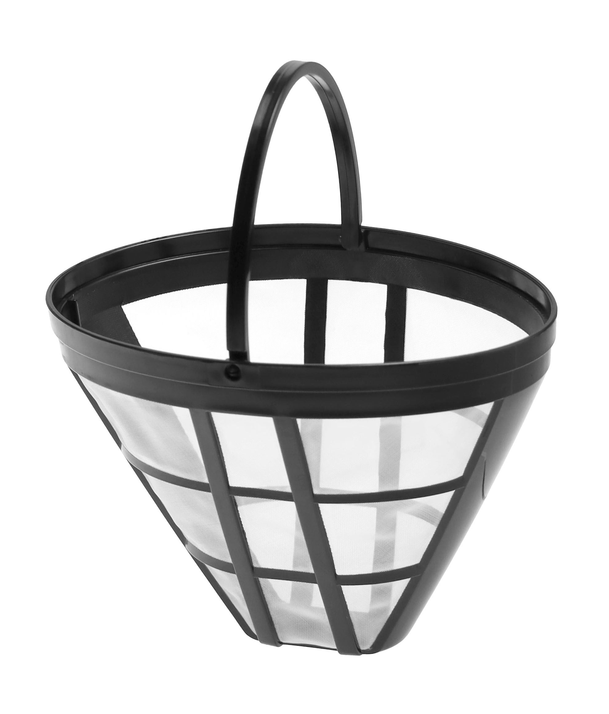 Ein schwarzer, wiederverwendbarer Kaffeefilter mit Griff im Trichterdesign auf weißem Hintergrund.
