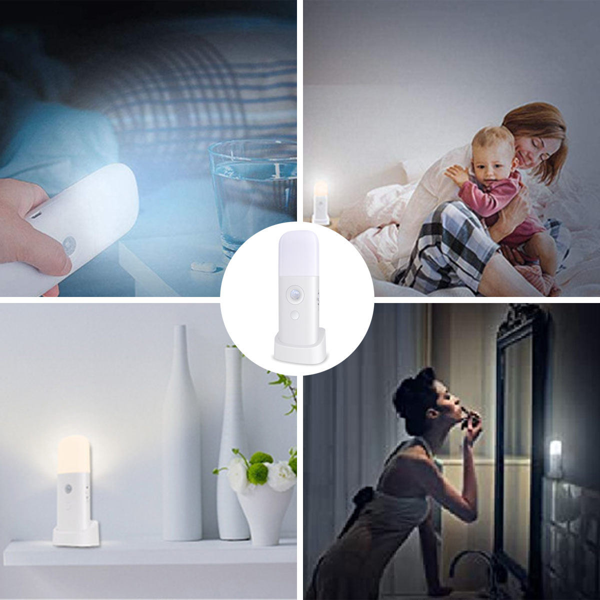 Nachtlicht in verschiedenen Szenarien: Nachttisch, Babyzimmer, Regal, Schminkspiegel.