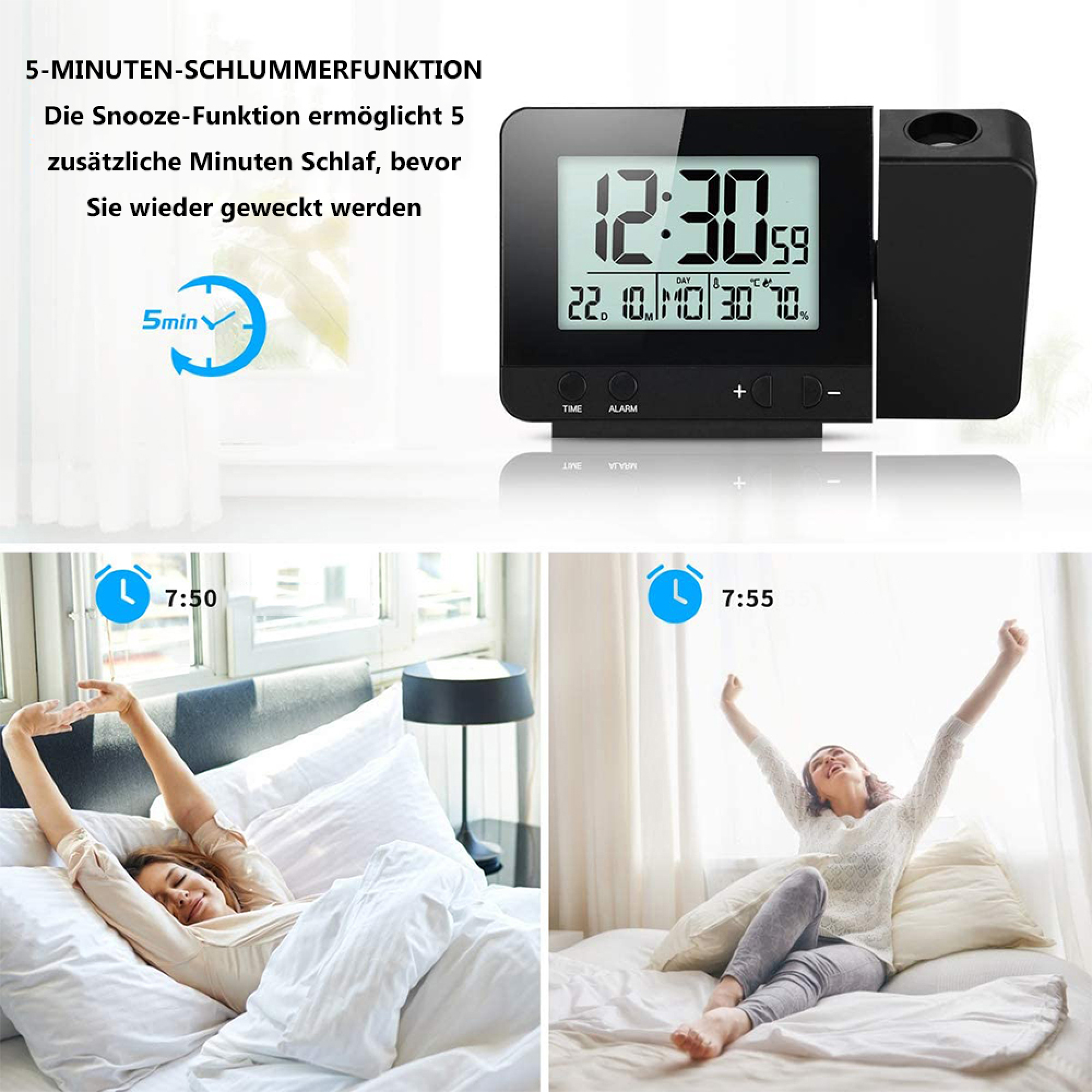 Digitaluhr mit Schlummerfunktion und erwachenden Frauen.