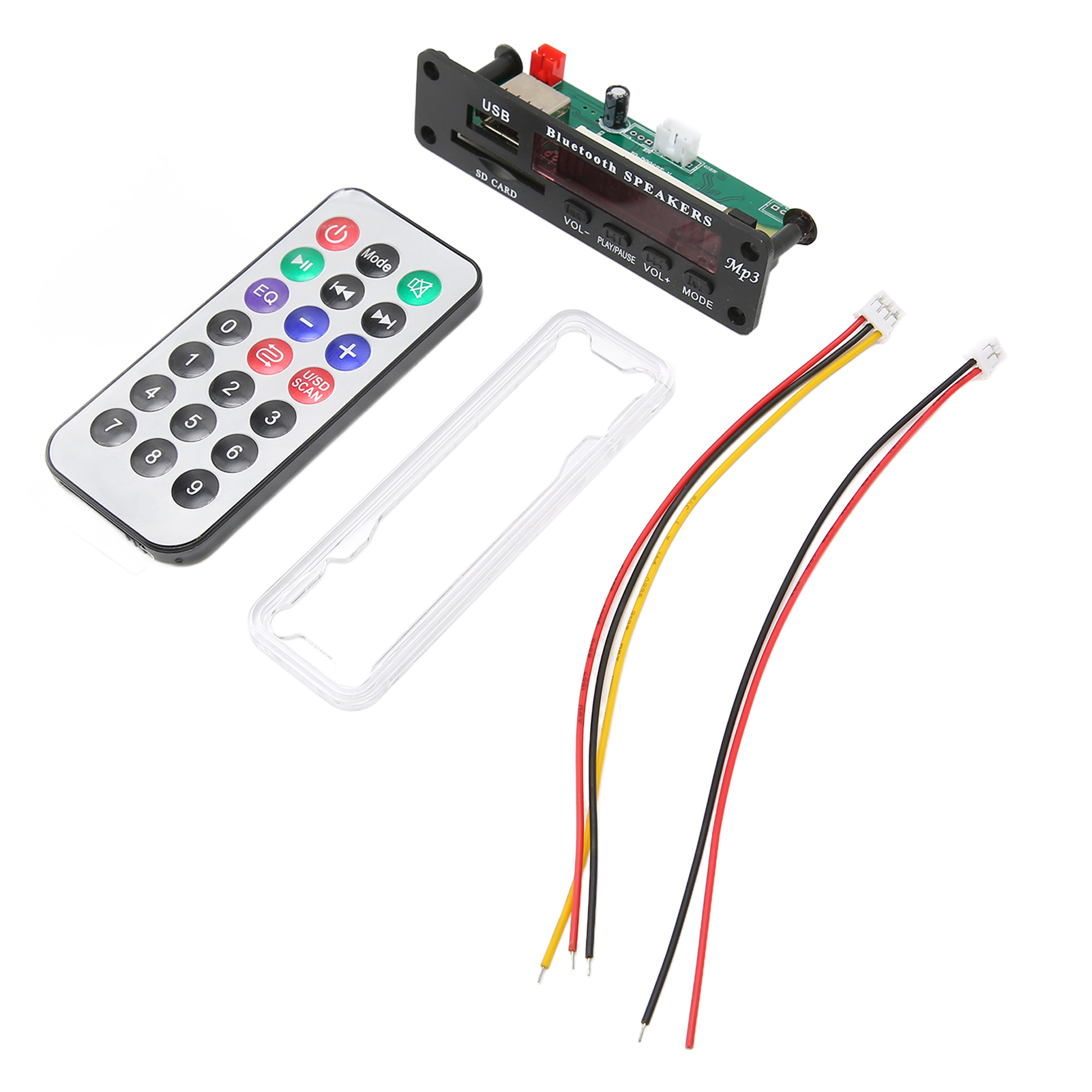 Ein Bluetooth-Decoder mit Fernbedienung, Kabeln und Schutzhülle.