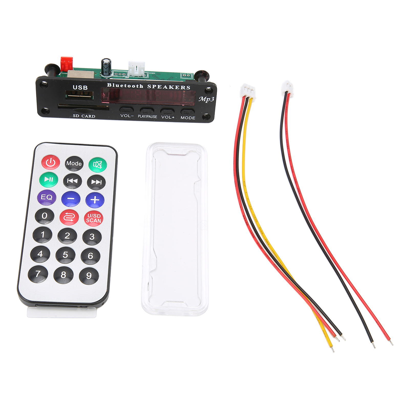 Ein Bluetooth-MP3-Player-Modul mit Fernbedienung, Kabeln und Hülle.
