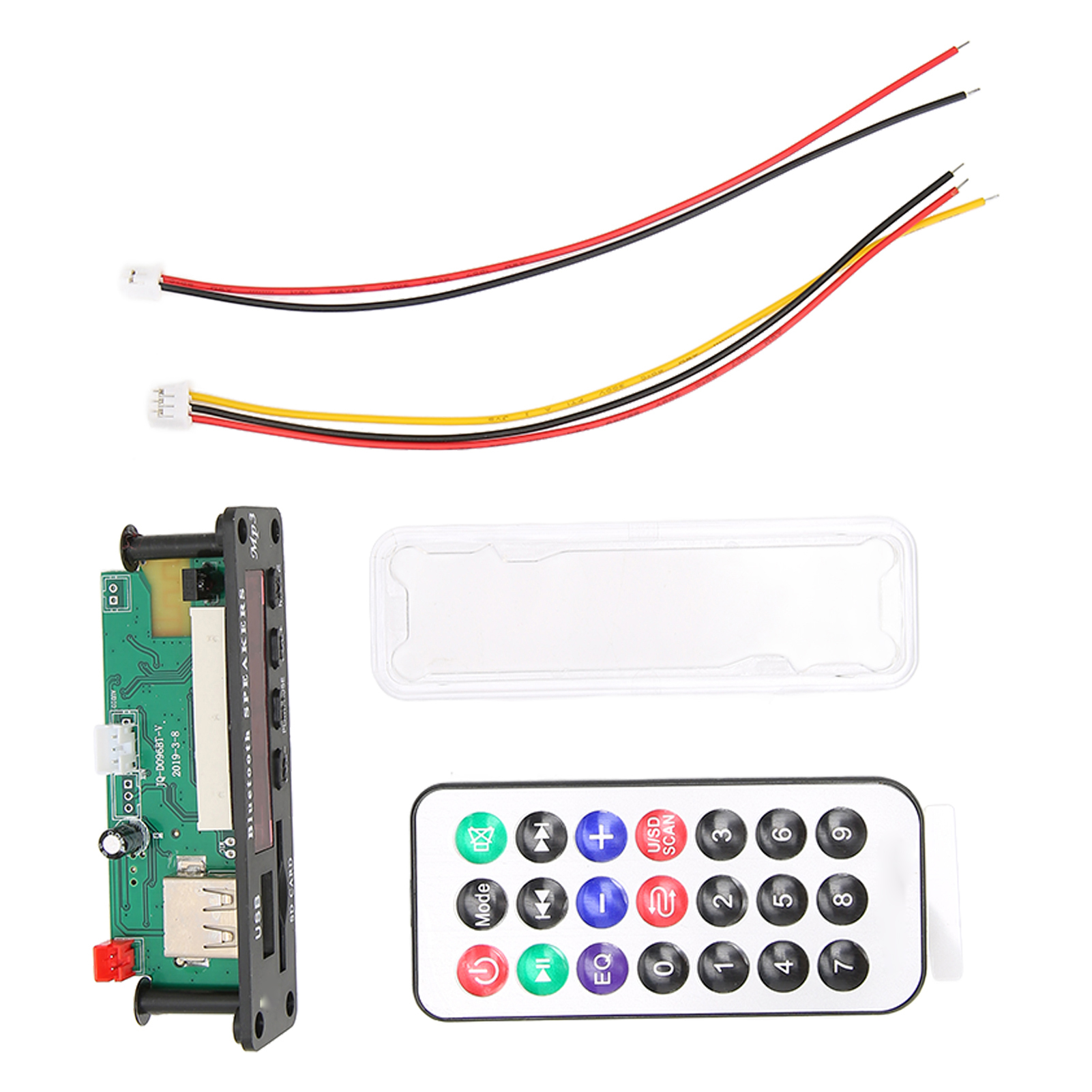 Ein Bluetooth-MP3-Decoder mit Fernbedienung, Platine und Kabeln.