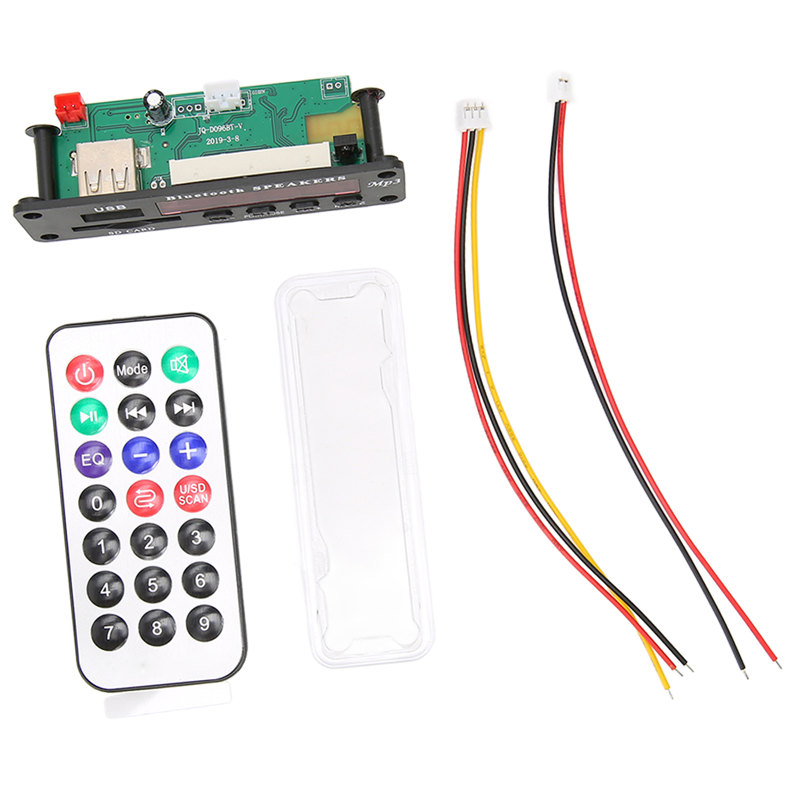 Ein Audio-Decoder-Board mit Fernbedienung, Kabeln und einer Schutzhülle.