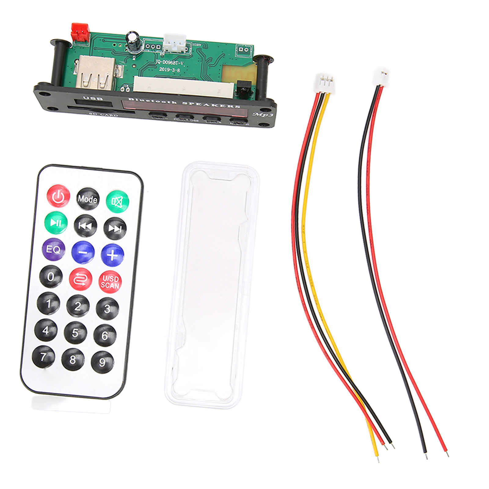 Ein MP3-Bluetooth-Decoder mit Fernbedienung, Kabeln und Hülle.