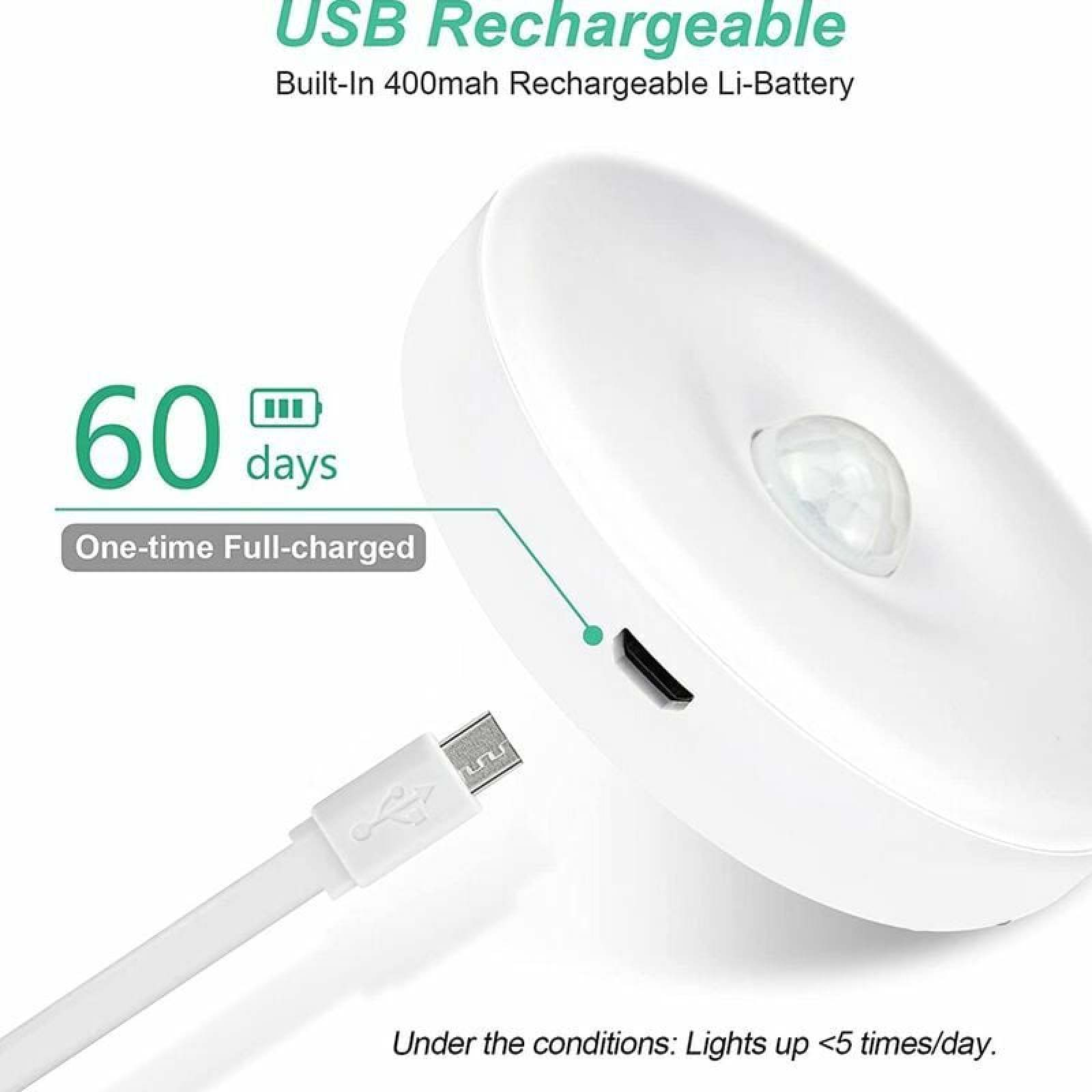 Weißes, rundes USB-Gerät mit Ladeanschluss und Bewegungssensor.