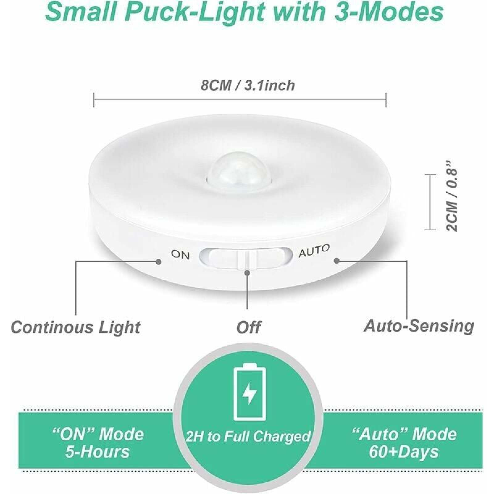 Weiße Puck-Lampe mit 3 Modi: Dauerlicht, Aus, Sensormodus. 8cm breit.