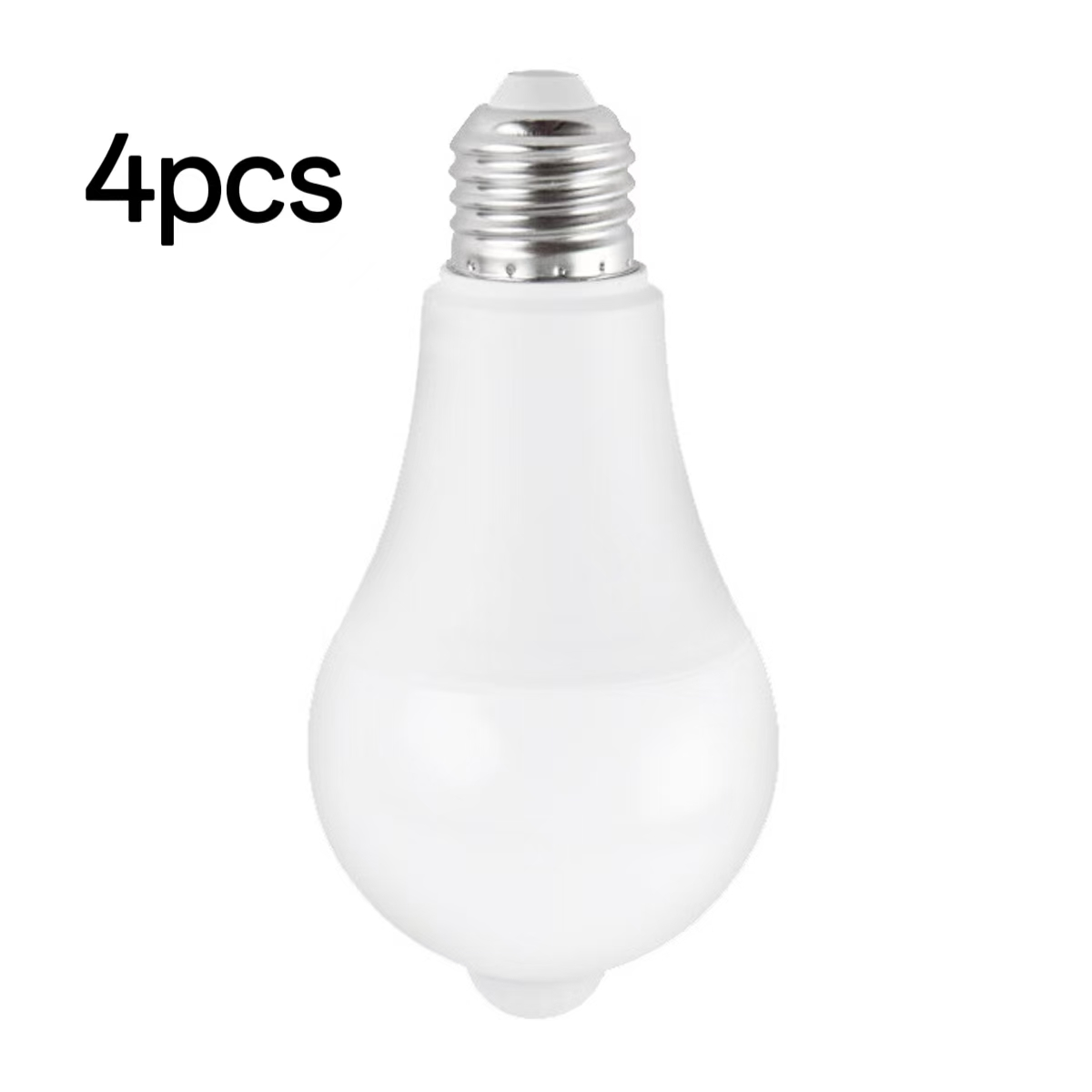 Eine weiße LED-Glühbirne mit silbernem Sockel und kleinem Sensor unten.