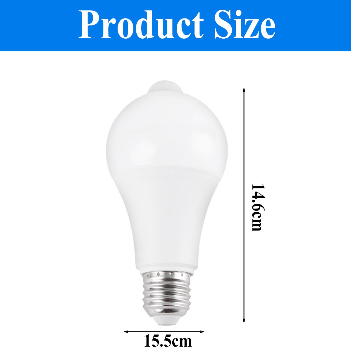 Weiße Glühbirne mit Sensor, 14,6 cm hoch, 15,5 cm breit.