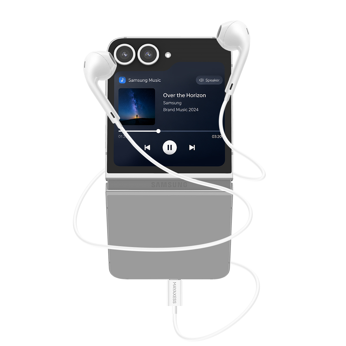 Un telefono Samsung aperto con auricolari che riproducono musica.