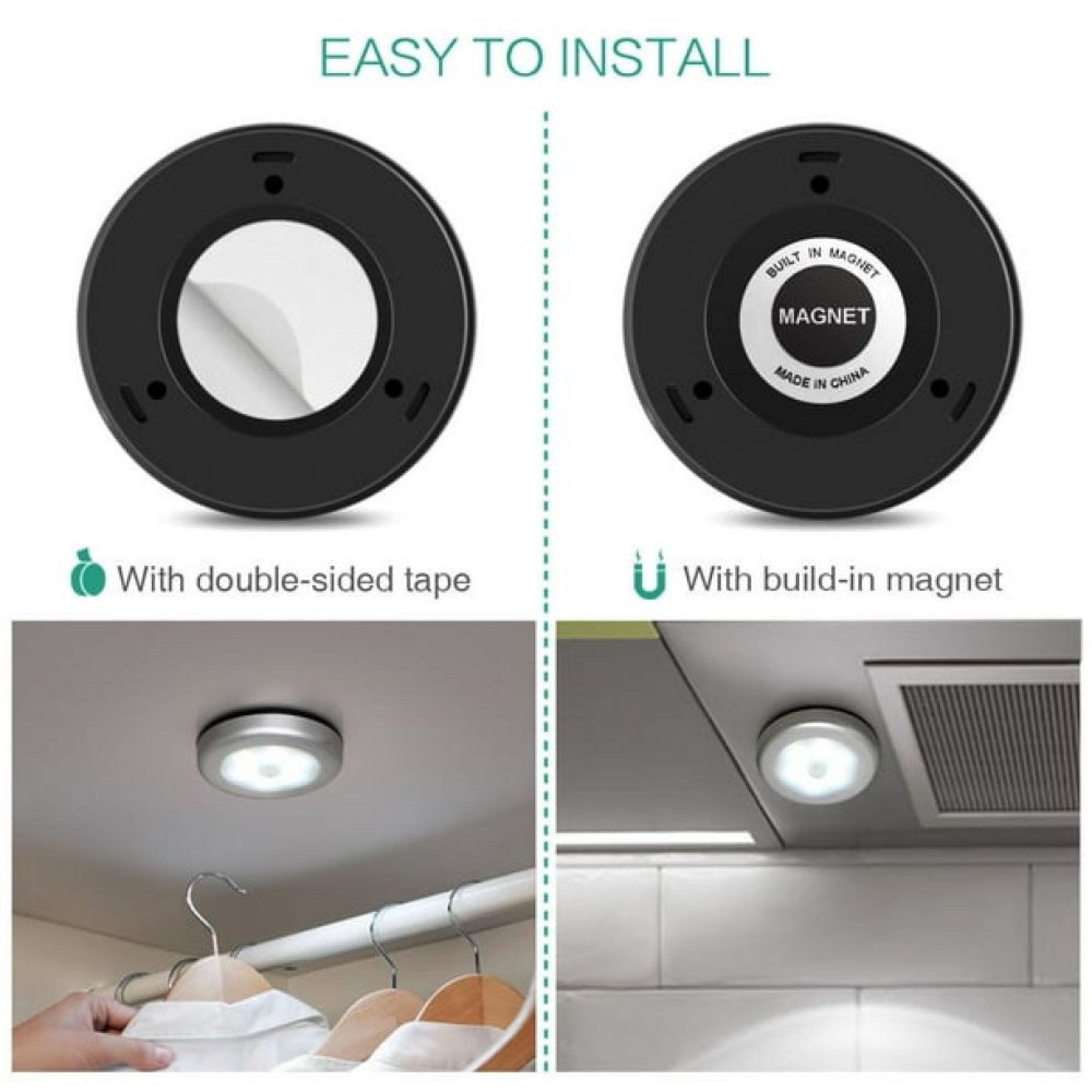 Ein runder, silberner LED-Sensor mit Licht, der an einer Decke hängt. Oben sind zwei Varianten abgebildet.