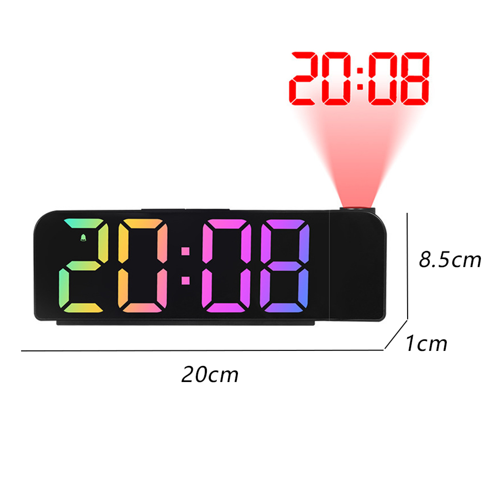 Ein digitaler Wecker mit farbigem Display projiziert die Zeit 20:08.