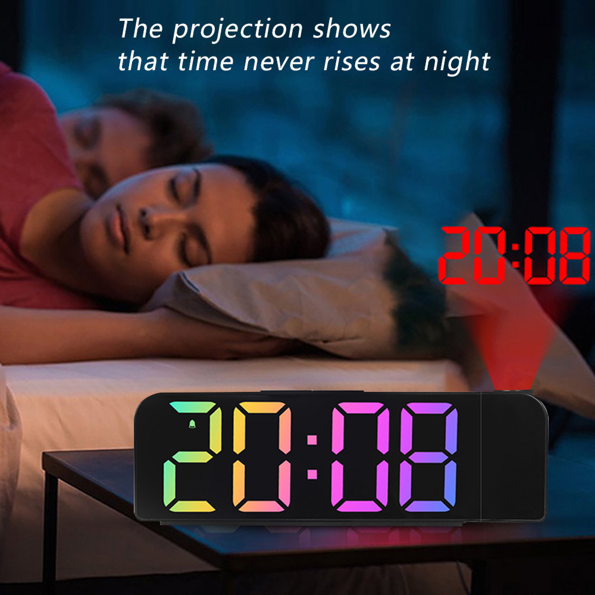 Zwei Personen schlafen im Bett. Eine Digitaluhr zeigt 20:08 in Regenbogenfarben an.