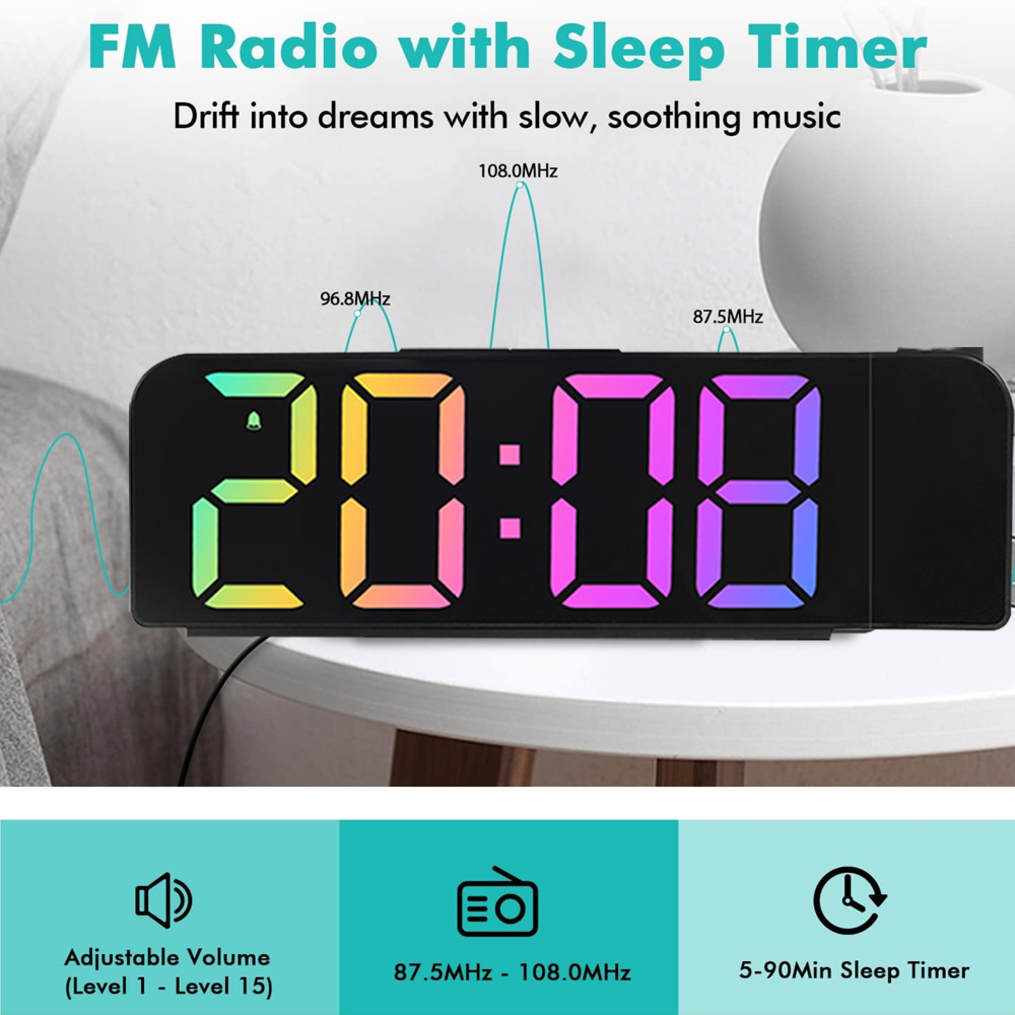 Digitaluhr mit FM-Radio und Sleep-Timer, zeigt 20:08 Uhr an.