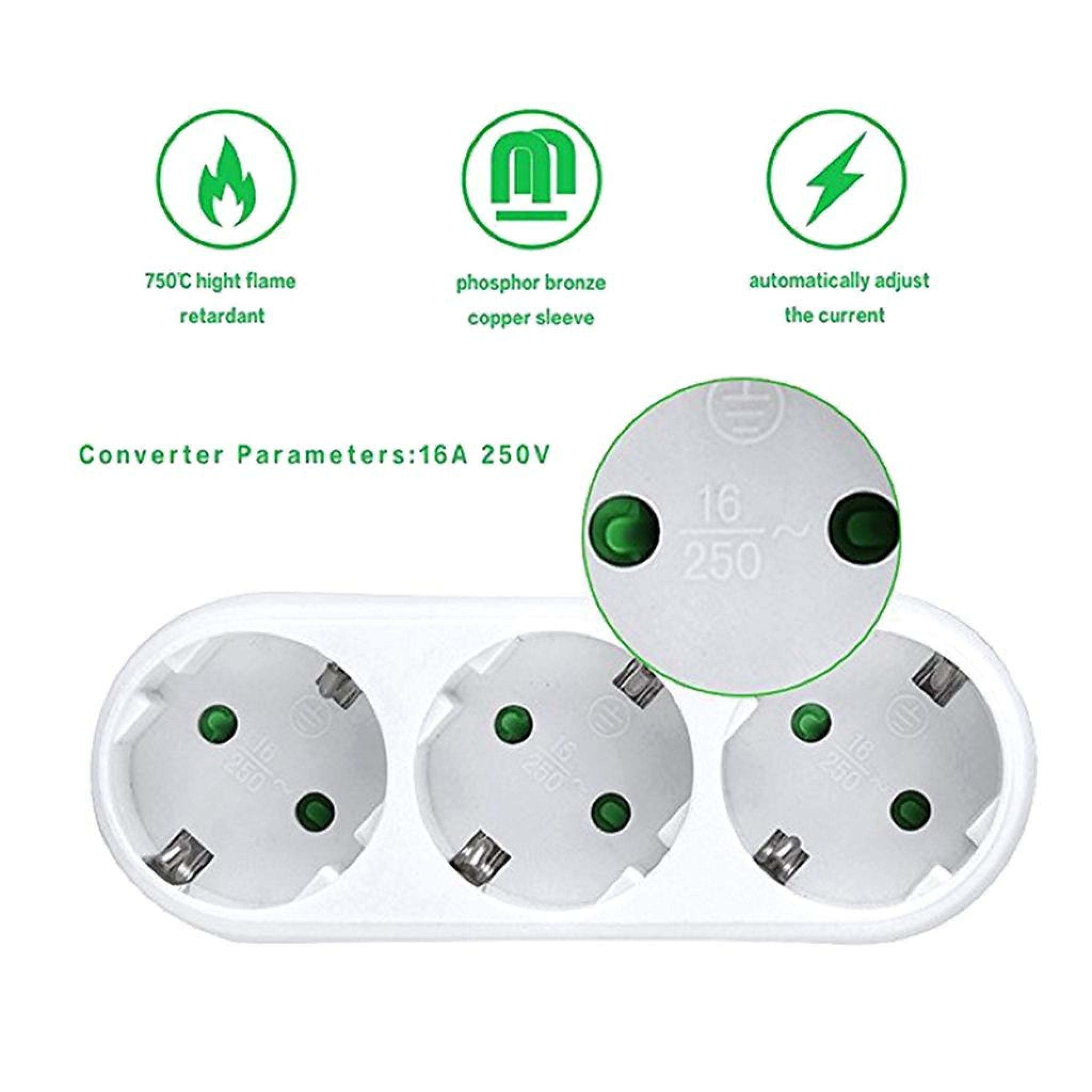 Ein weißer Mehrfachsteckdosenadapter mit drei Steckplätzen und grünen Indikatoren.