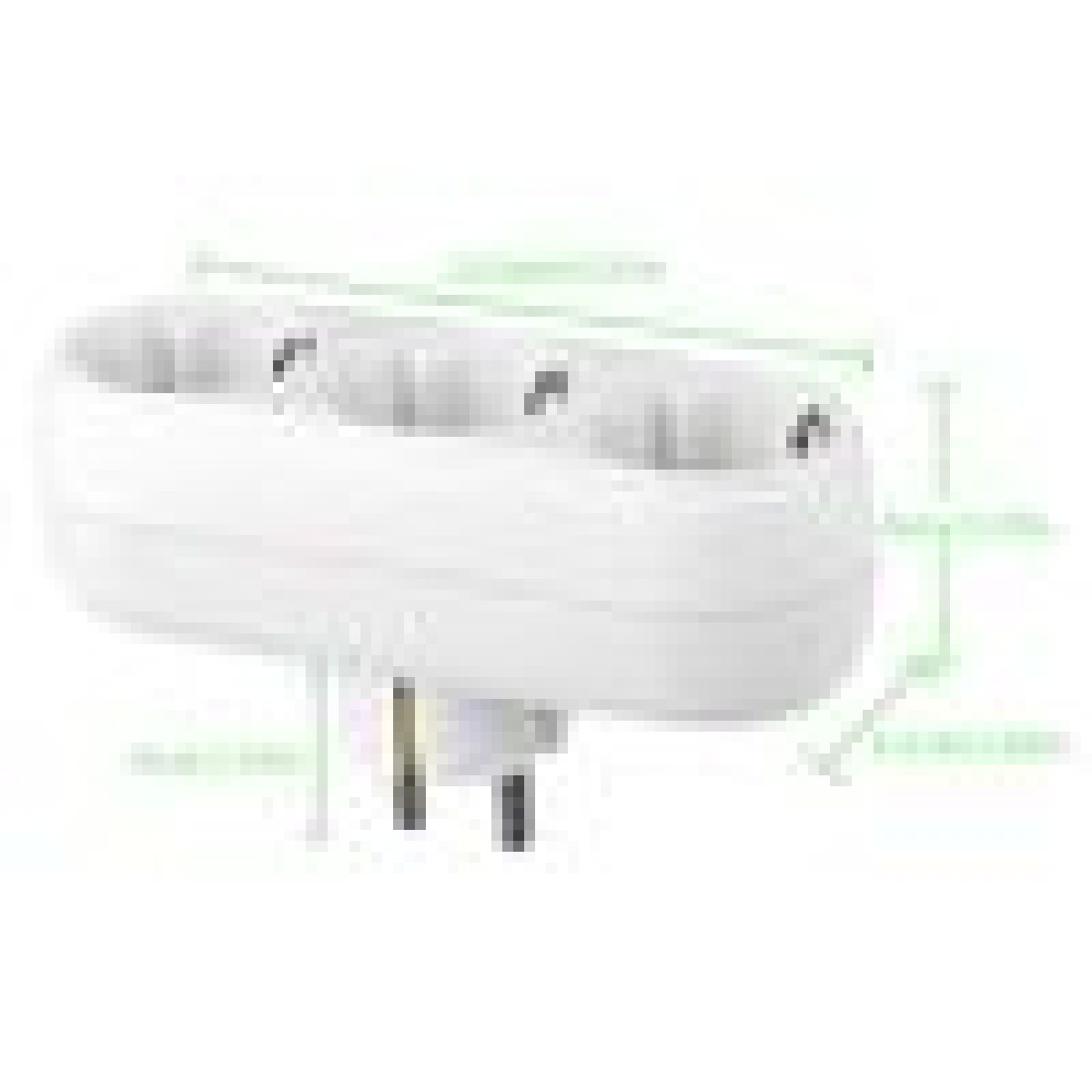 Ein weißer Mehrfachsteckdosenadapter mit drei Steckplätzen und zwei Stiften.