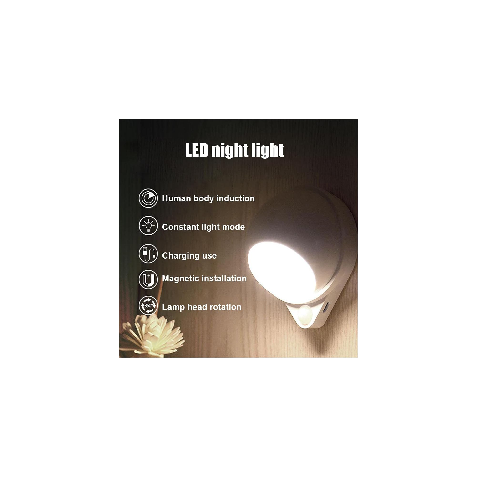 Ein weißes LED-Nachtlicht mit magnetischer Montage und einstellbarem Kopf.