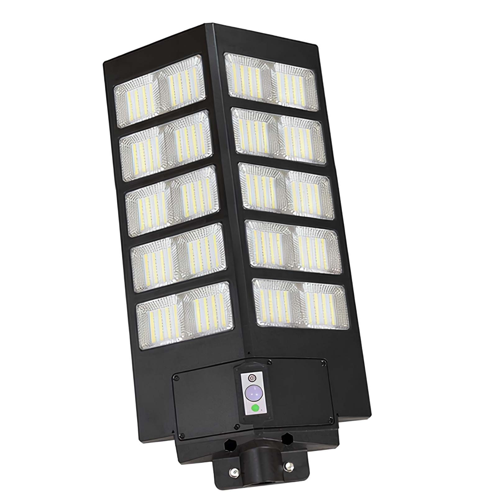Schwarze Solarleuchte mit vielen LEDs und einer Steuereinheit mit Knöpfen.