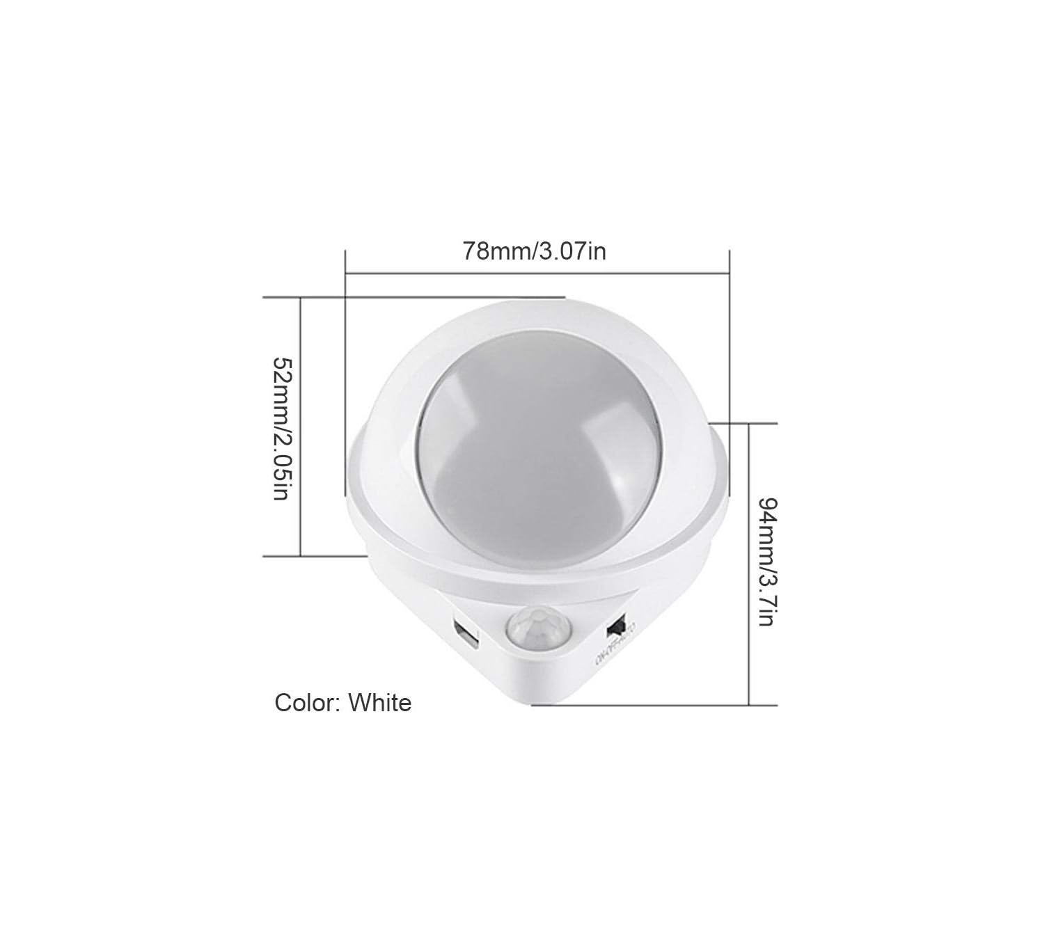 Weiße Bewegungsmelder-Leuchte mit Maßen 78x52x94mm. Mit USB-Anschluss und Modusschalter.