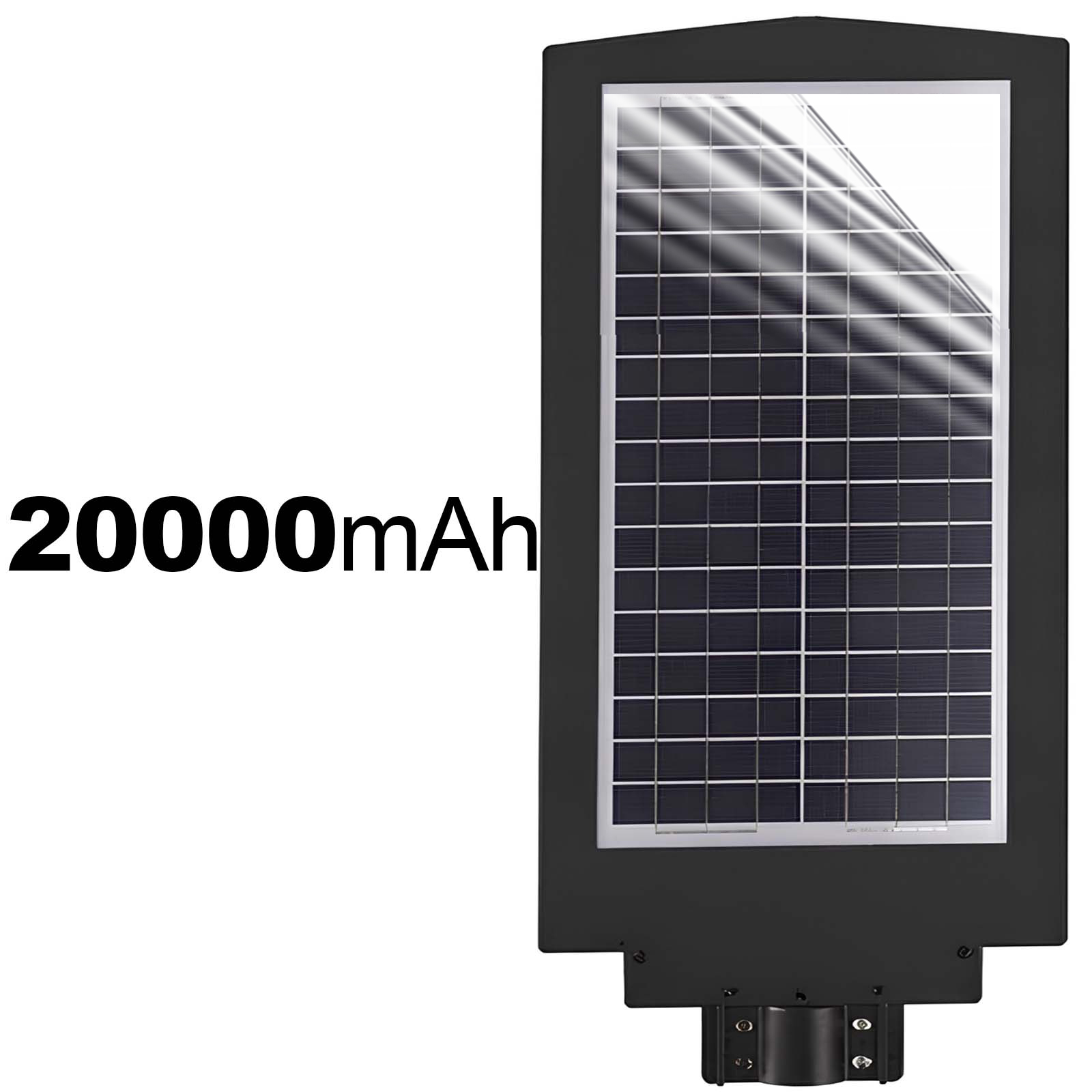 Schwarze Solarpanel-Leuchte mit 20000mAh-Text auf weißem Hintergrund.