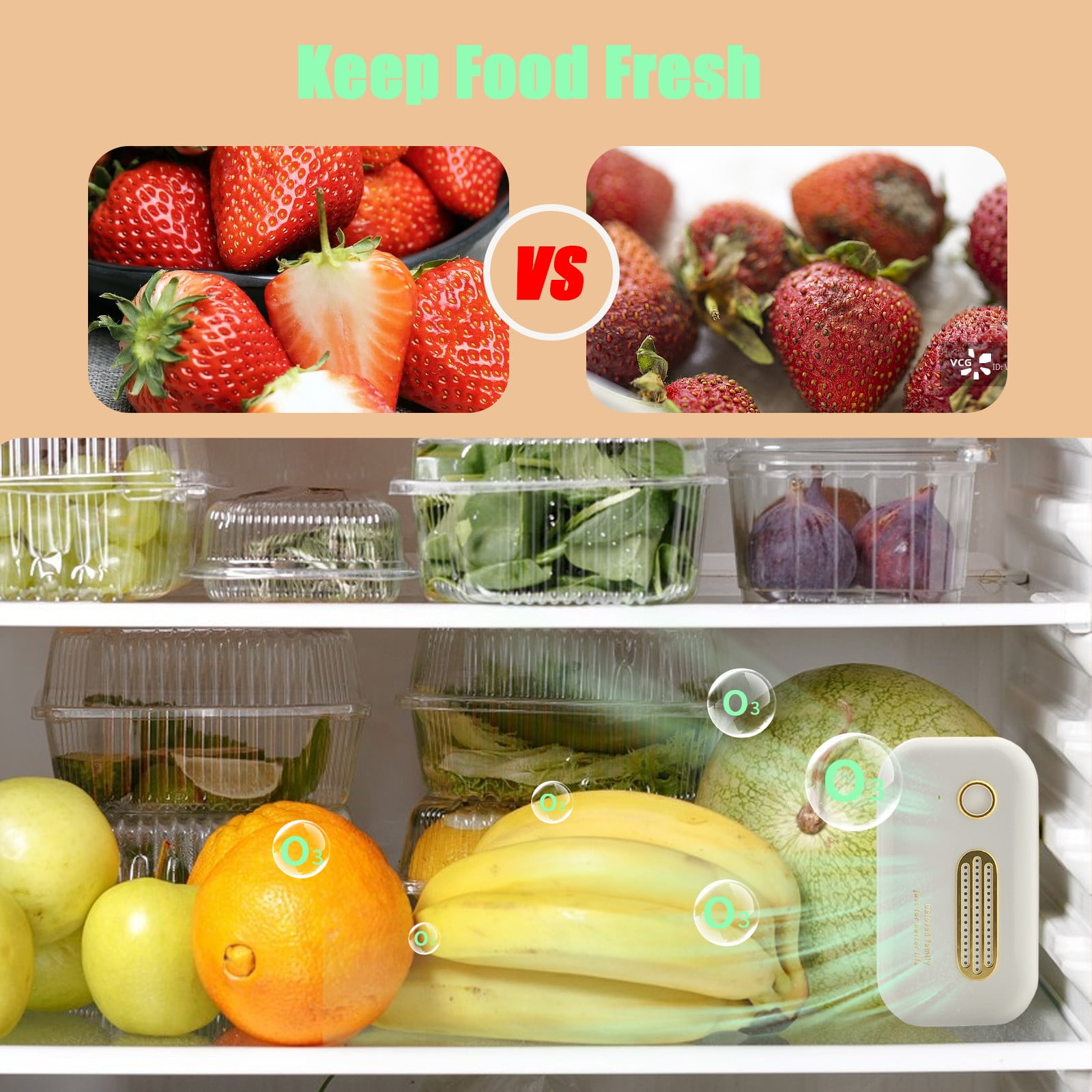 Frische vs. verdorbene Erdbeeren, daneben ein Kühlschrank mit Obst.