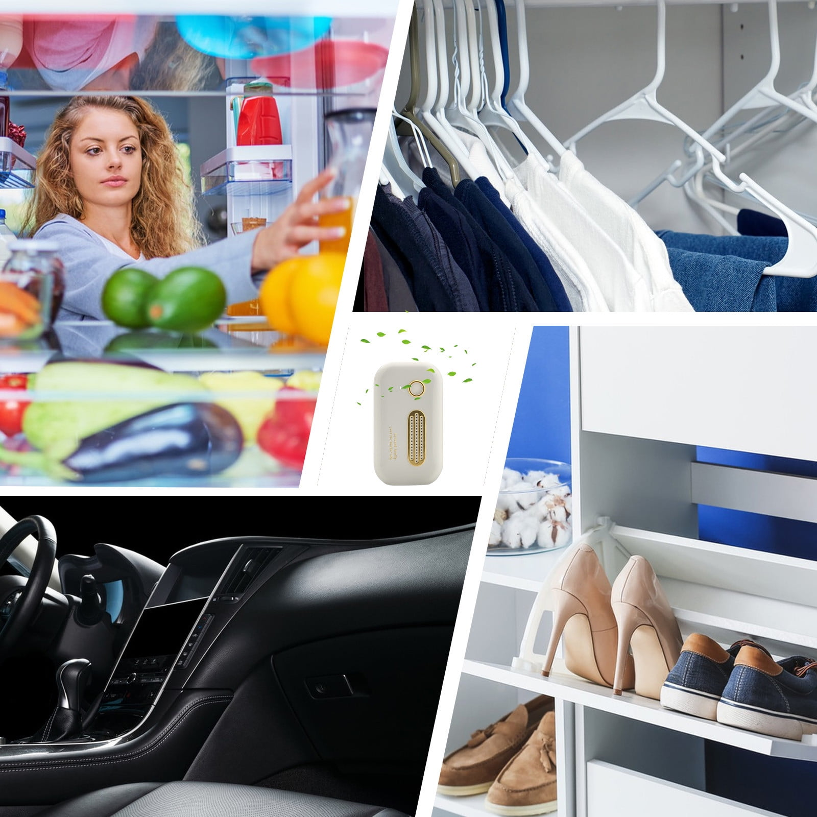Collage alltäglicher Gegenstände: Frau im Kühlschrank, Kleidung im Schrank, Autoinnenraum, Schuhe, Lufterfrischer.