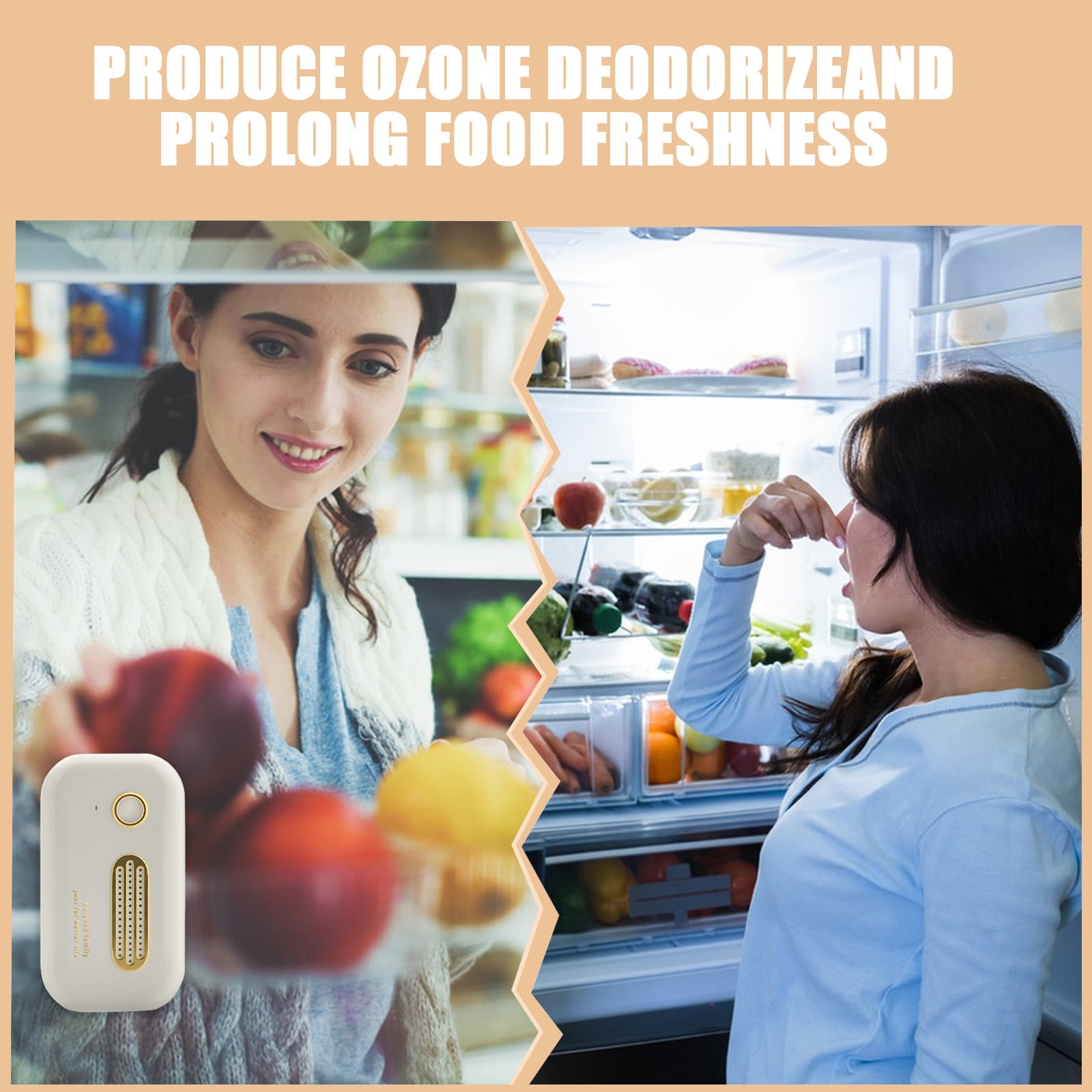 Frau mit Obst und Kühlschrank mit Lebensmitteln.