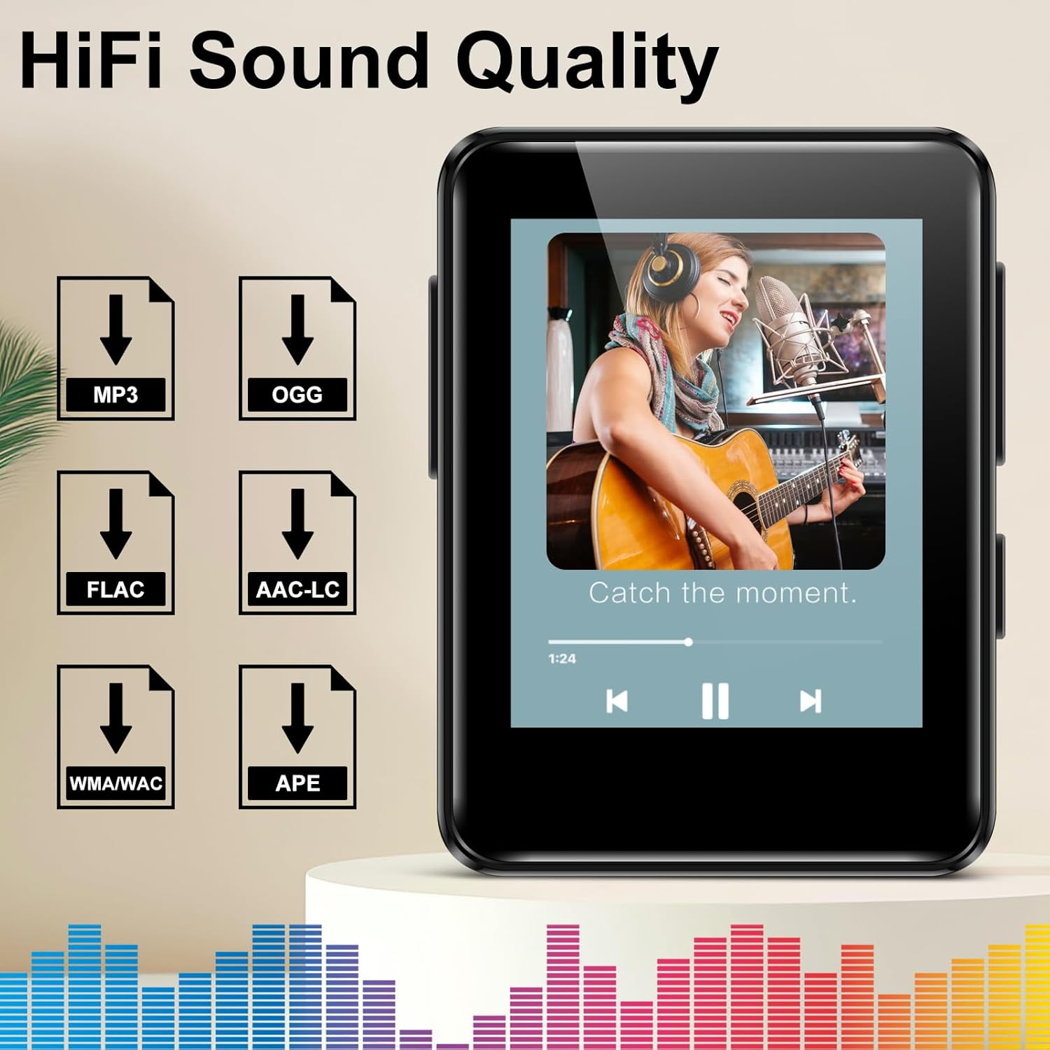 MP3, OGG, FLAC, AAC-LC, WMA/WAC, APE Symbole & Musik-Player mit singender Frau.