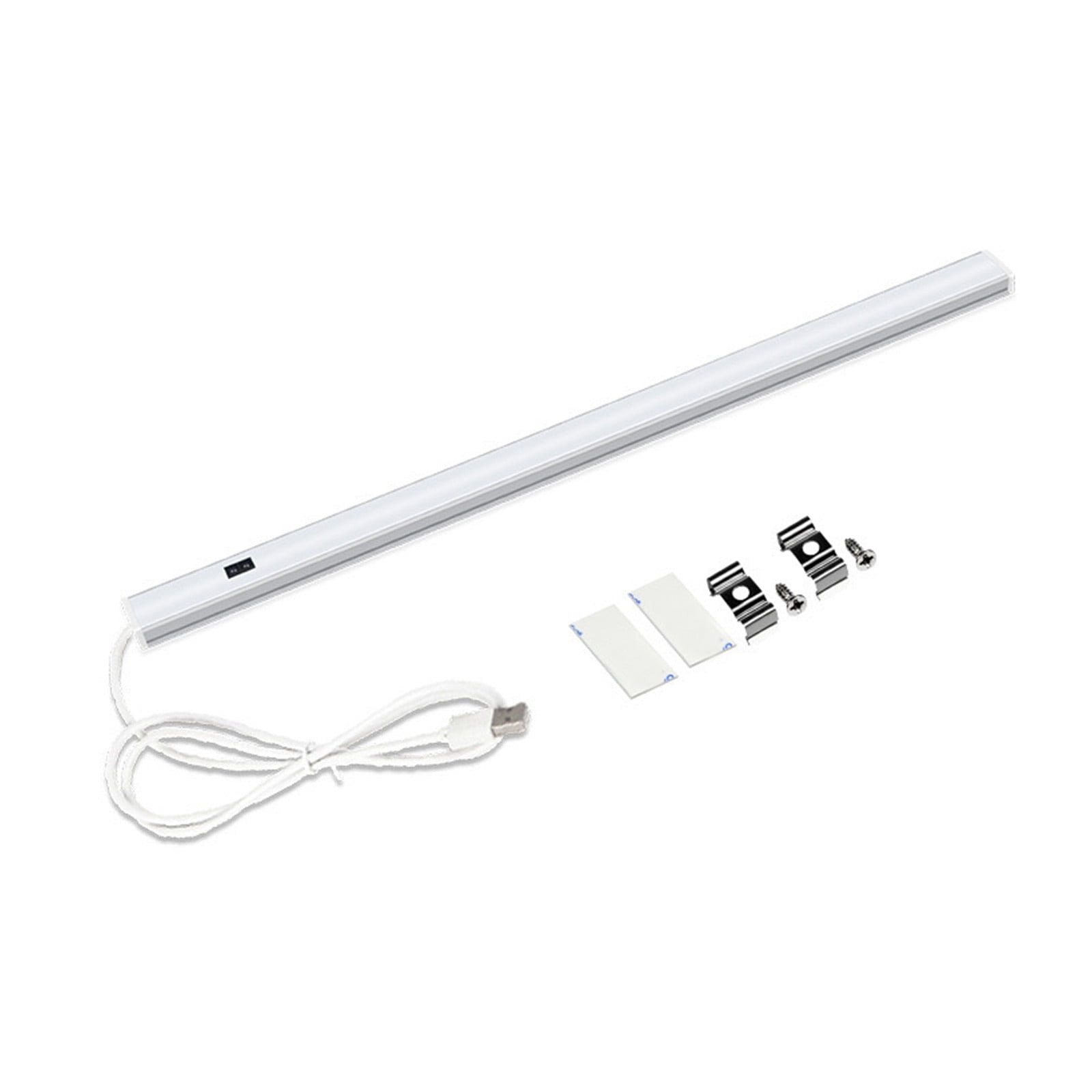 Ein weißes LED-Lichtband mit USB-Kabel und Befestigungsclips.