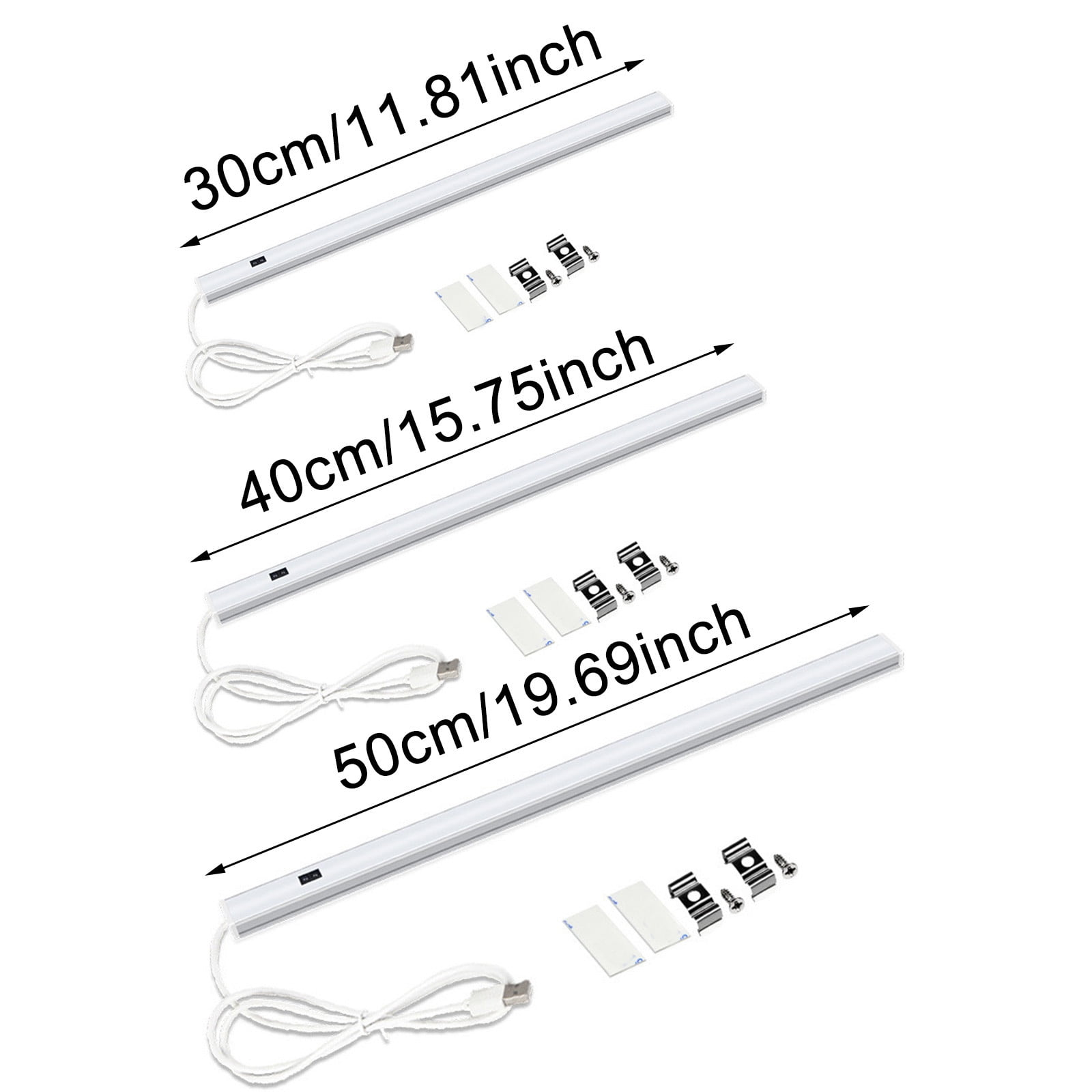 Drei verschiedene LED-Leisten mit USB-Kabeln und Montagezubehör.
