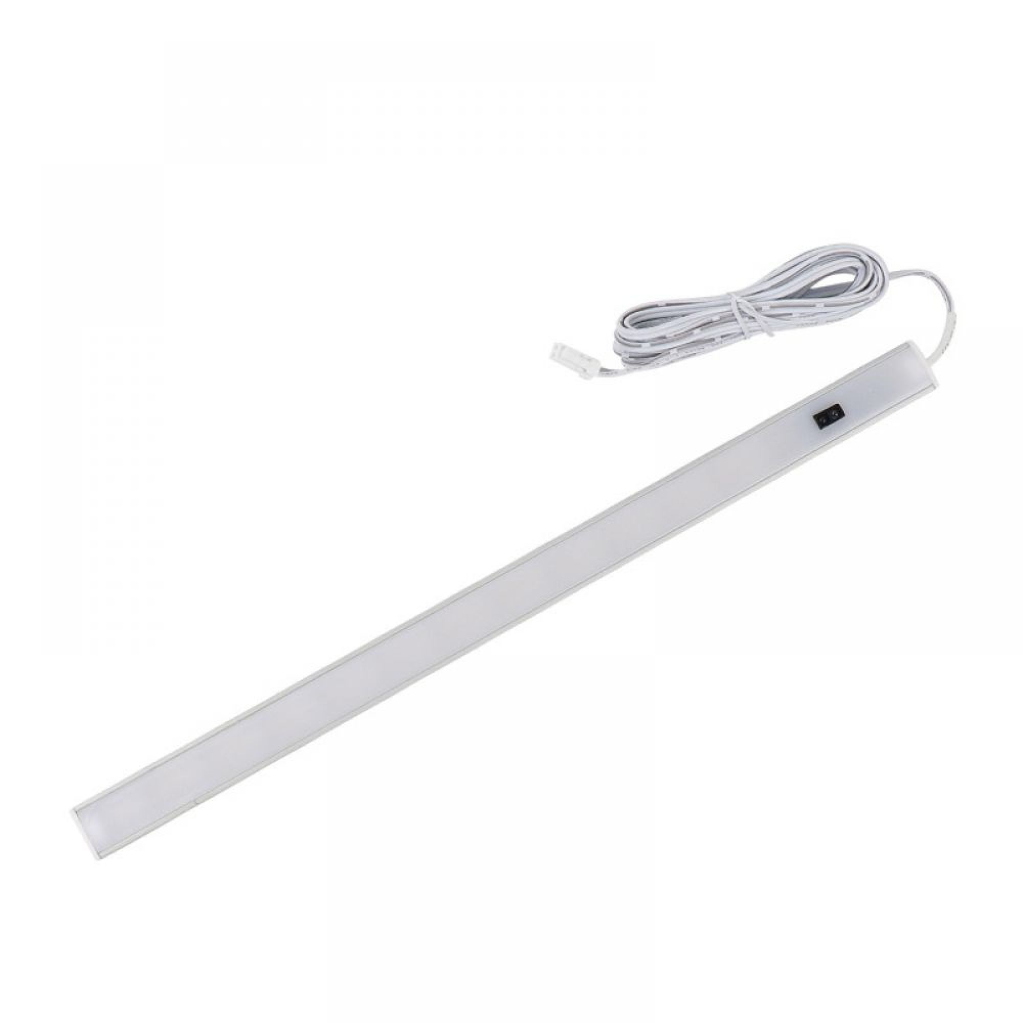 Ein schmaler, weißer LED-Streifen mit einem Schalter und einem weißen Kabel.