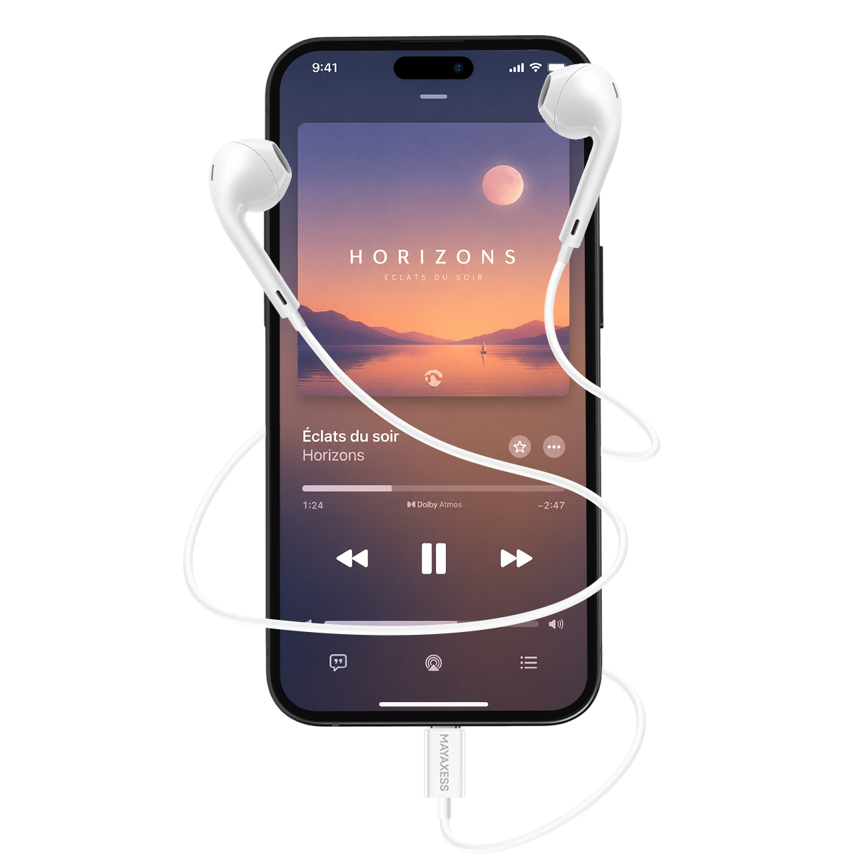 Uno smartphone con auricolari che riproduce musica, con silhouette di montagna e luna.