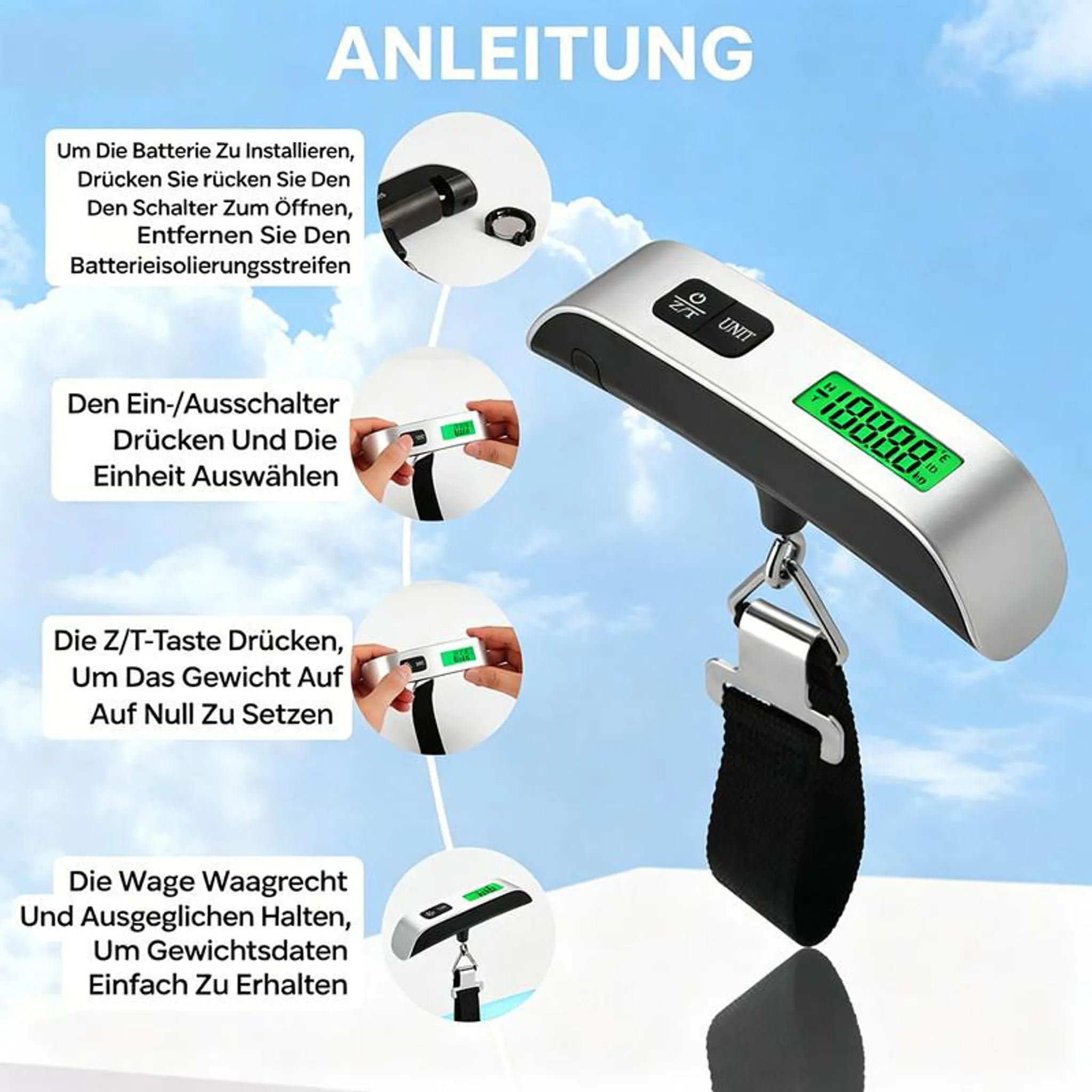 Anleitung für eine digitale Hängewaage mit Schritt-für-Schritt-Bildern.
