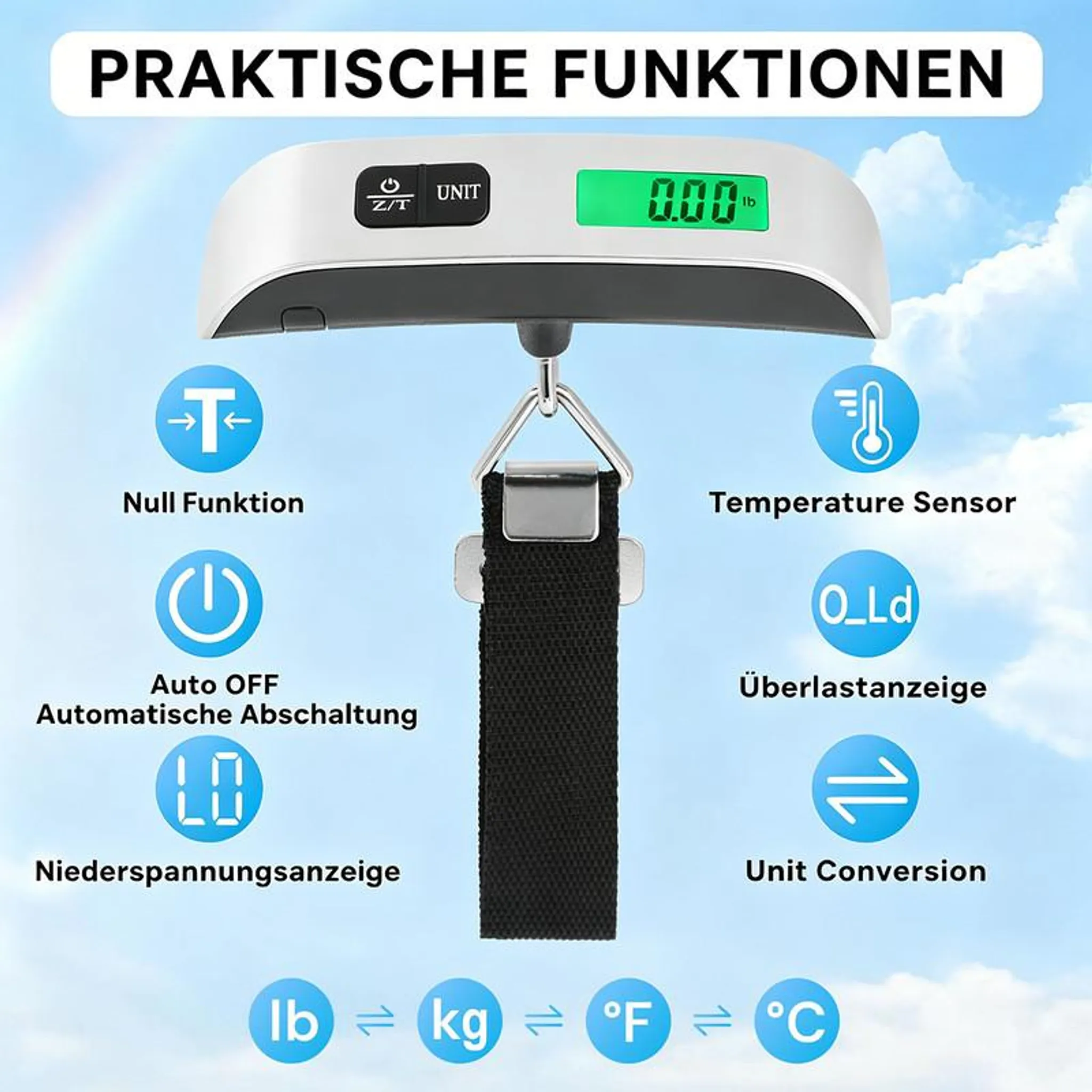 Eine digitale Gepäckwaage mit Funktionen wie Nullstellung, Auto-OFF, Temperaturanzeige, Überlastwarnung und Einheitenumrechnung.